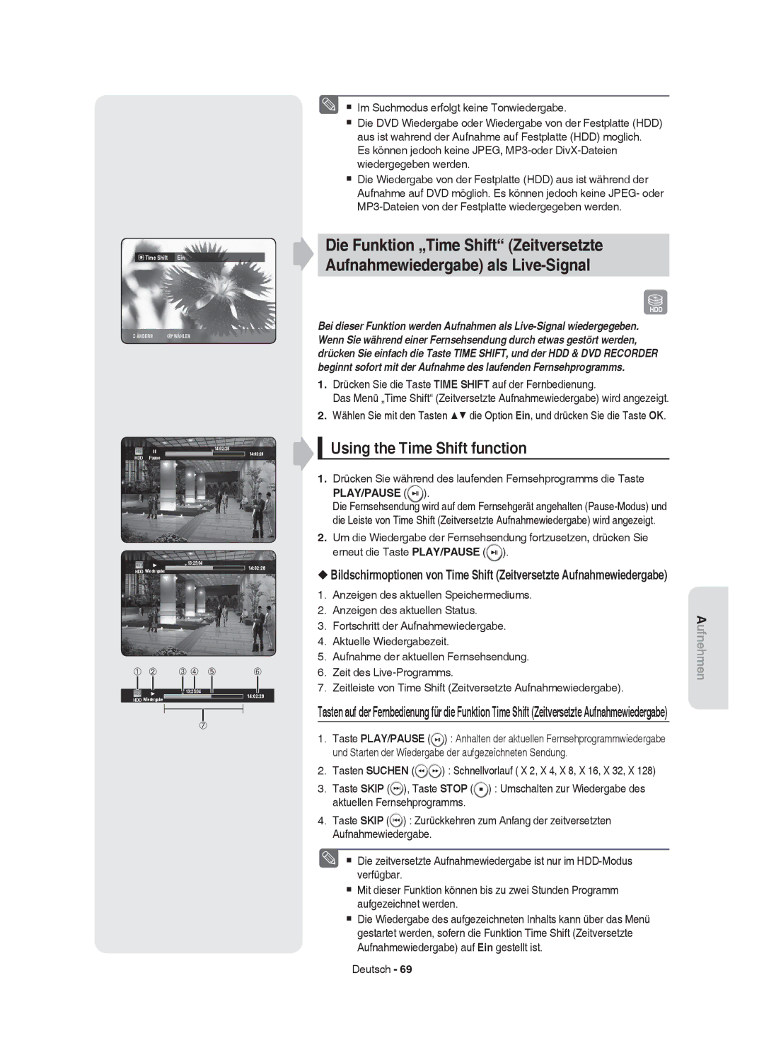 Samsung DVD-HR755/XEN, DVD-HR755/AUS Using the Time Shift function,  Im Suchmodus erfolgt keine Tonwiedergabe, Play/Pause 