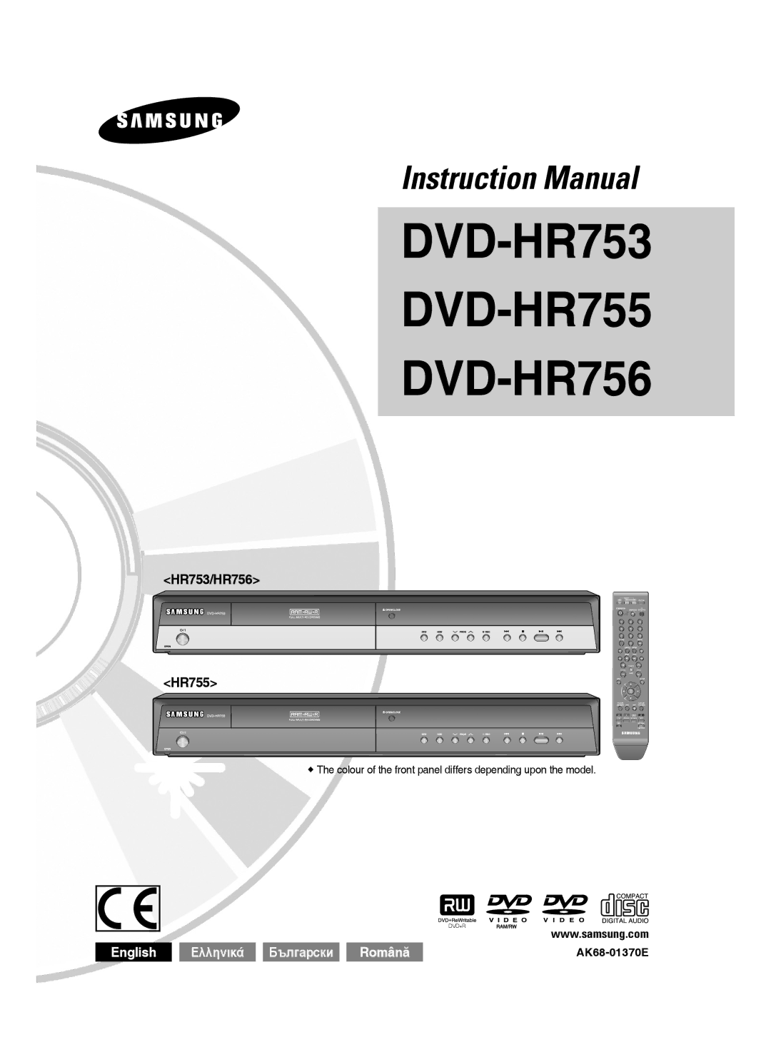 Samsung DVD-HR753/XEB manual HR753/HR756 HR755,  Die Farbe der Gerätevorderseite ist modellabhängig, AK68-01370D 