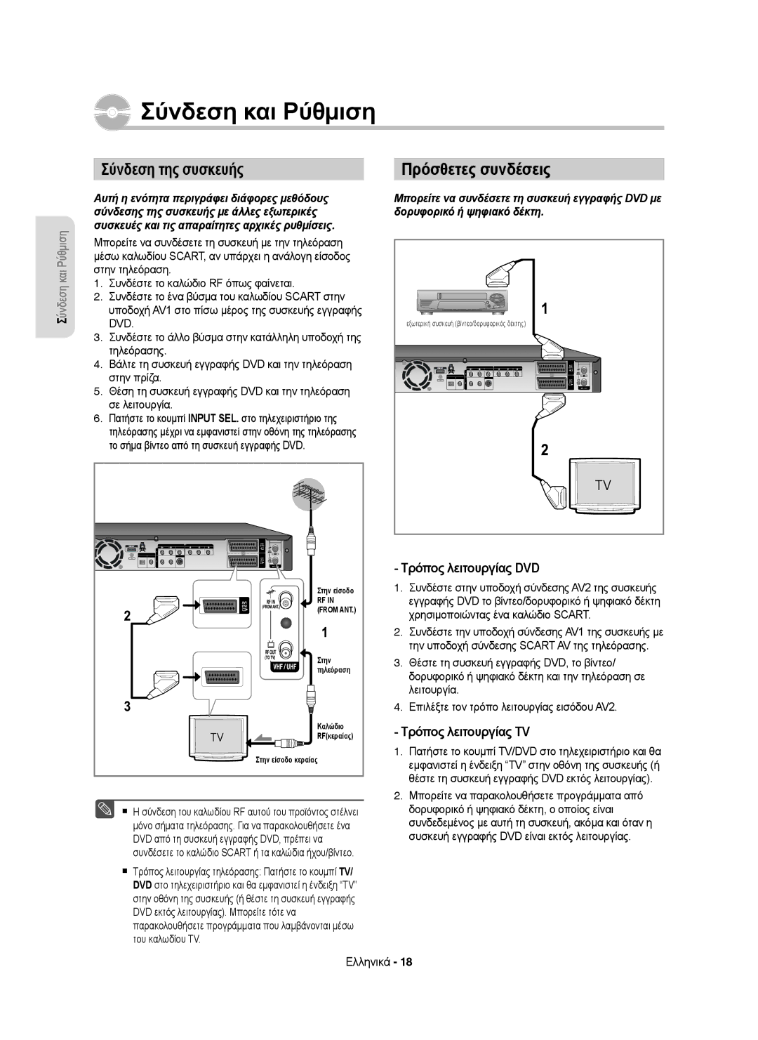 Samsung DVD-HR753/EUR manual Σύνδεση της συσκευής, Πρόσθετες συνδέσεις, Τρόπος λειτουργίας DVD, Τρόπος λειτουργίας TV 