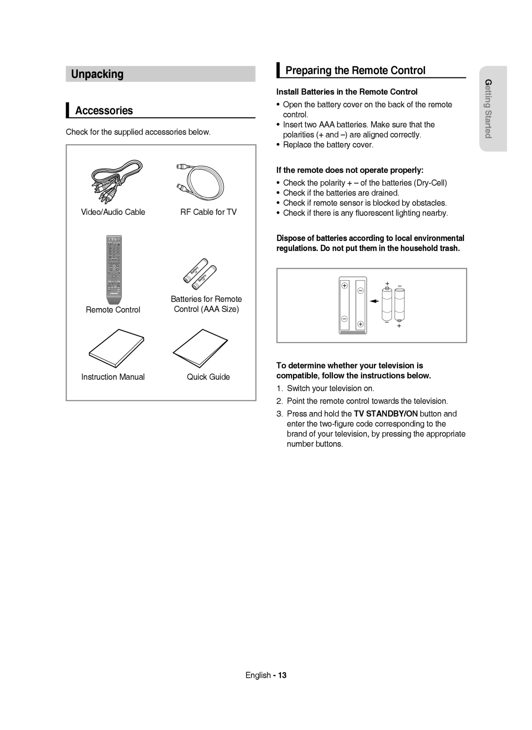 Samsung DVD-HR755/XEB manual Unpacking, Accessories, Preparing the Remote Control, Install Batteries in the Remote Control 