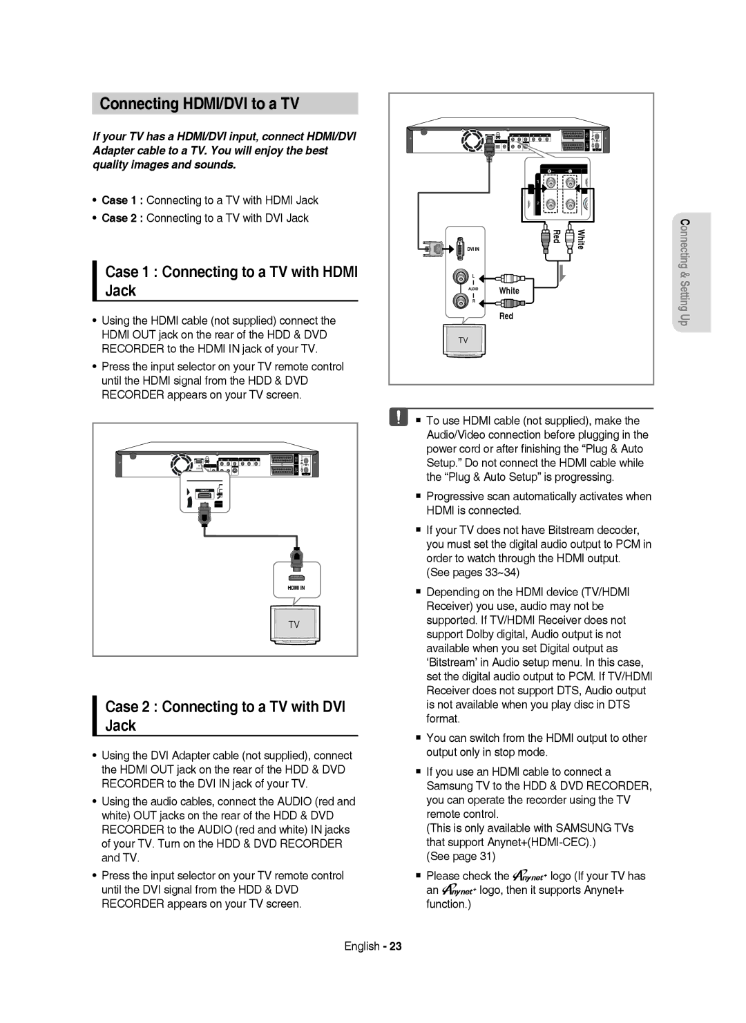 Samsung DVD-HR755/EUR, DVD-HR755/AUS, DVD-HR755/XEB Connecting HDMI/DVI to a TV, Case 1 Connecting to a TV with Hdmi Jack 