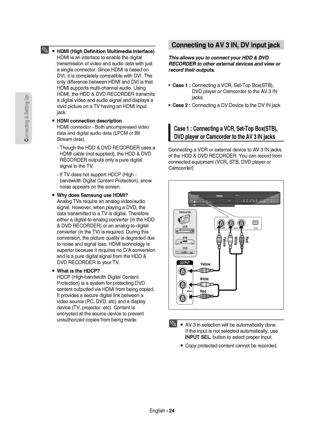 Samsung DVD-HR755/AUS manual Connecting to AV 3 IN, DV input jack,  Hdmi connection description,  What is the HDCP? 