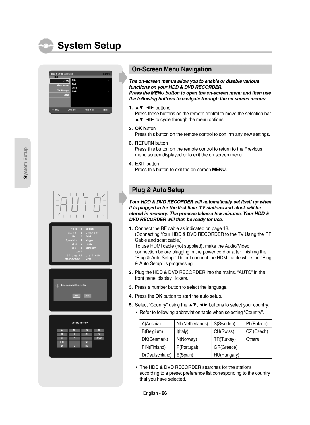 Samsung DVD-HR755/XEC, DVD-HR755/AUS, DVD-HR755/XEB manual On-Screen Menu Navigation, Plug & Auto Setup, Return button 