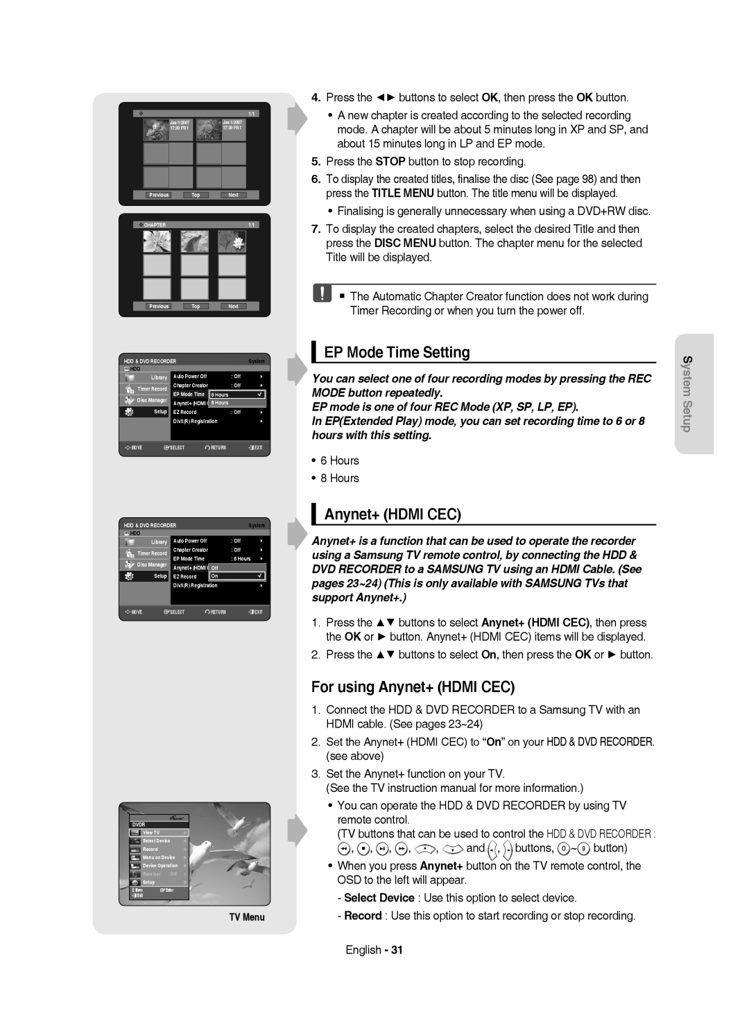 Samsung DVD-HR755/XEB, DVD-HR755/AUS, DVD-HR755/XEC, DVD-HR753/XEC manual EP Mode Time Setting, For using Anynet+ Hdmi CEC 