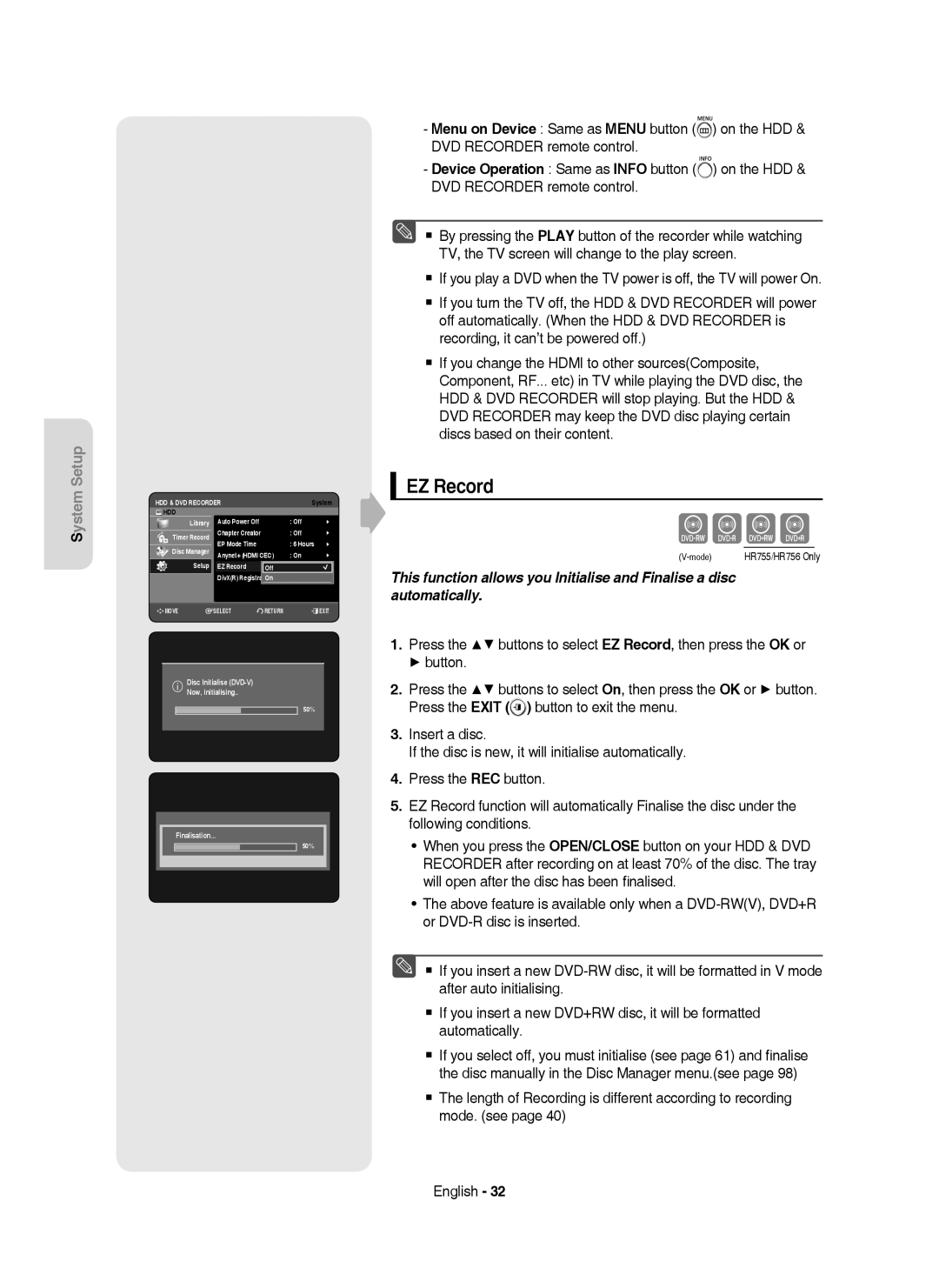 Samsung DVD-HR755/XEC manual Anynet+ Hdmi CEC Setup EZ Record, Disc Initialise DVD-V Now, initialising, Finalisation 