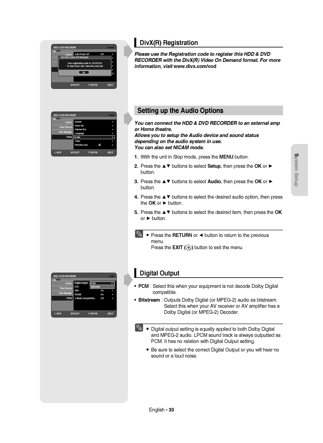 Samsung DVD-HR753/XEC, DVD-HR755/AUS, DVD-HR755/XEB manual Setting up the Audio Options, DivXR Registration, Digital Output 