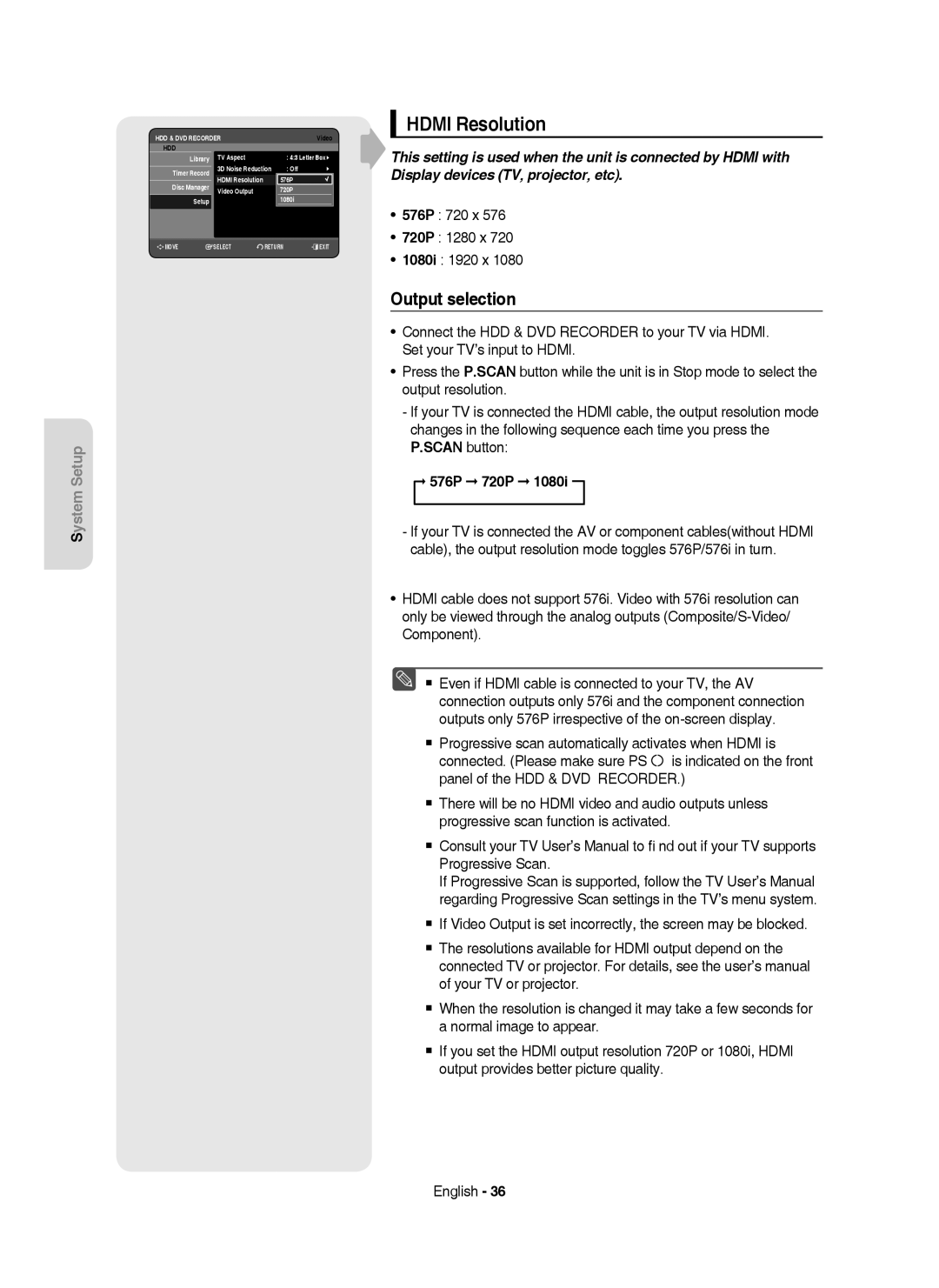 Samsung DVD-HR755/AUS, DVD-HR755/XEB Hdmi Resolution, Output selection, 576P 720 x 720P 1280 x 1080i 1920 x, 576P 720P 