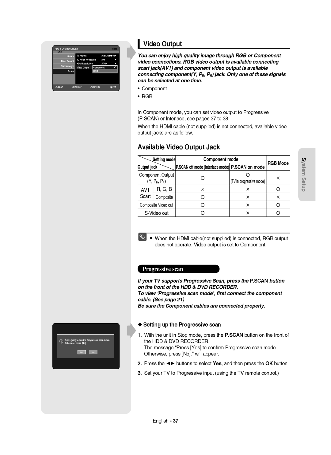 Samsung DVD-HR755/XEB manual Available Video Output Jack, Setting up the Progressive scan, Component, Output jack 