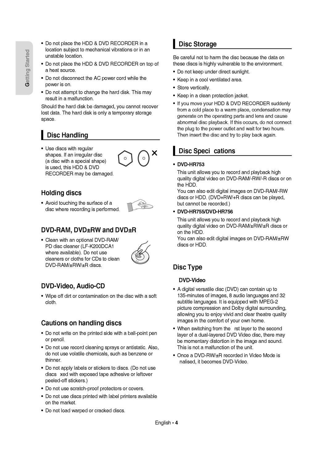 Samsung DVD-HR753/EUR manual Disc Handling, Holding discs, DVD-RAM, DVD±RW and DVD±R, DVD-Video, Audio-CD, Disc Storage 