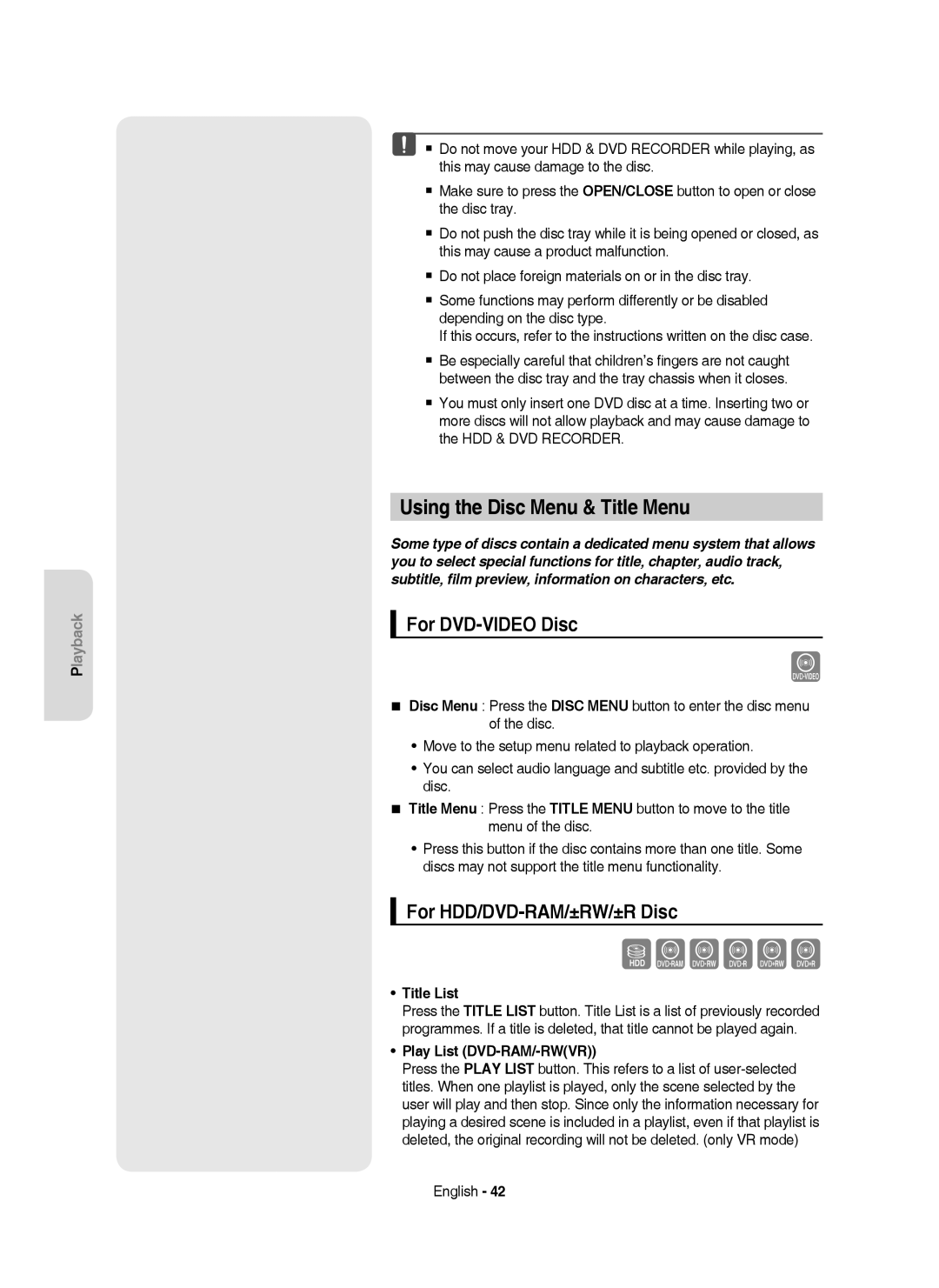 Samsung DVD-HR755/AUS manual Sxcvkl, Using the Disc Menu & Title Menu, For DVD-VIDEO Disc, For HDD/DVD-RAM/±RW/±R Disc 