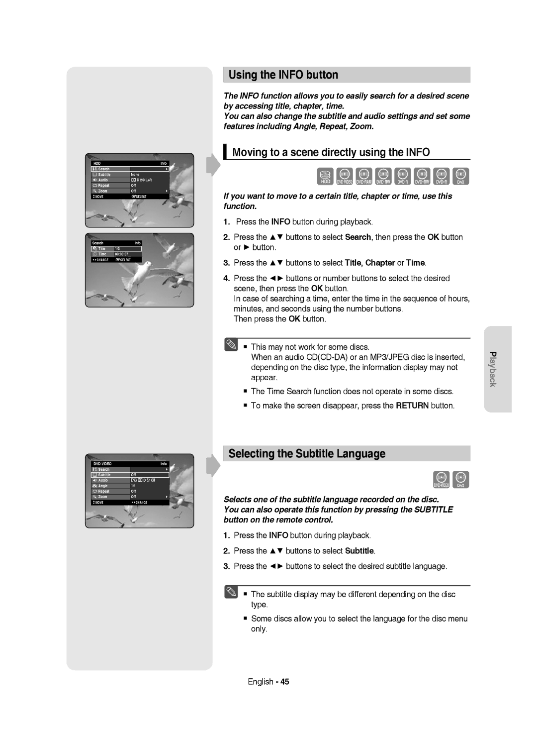 Samsung DVD-HR753/XEC Using the Info button, Selecting the Subtitle Language, Moving to a scene directly using the Info 