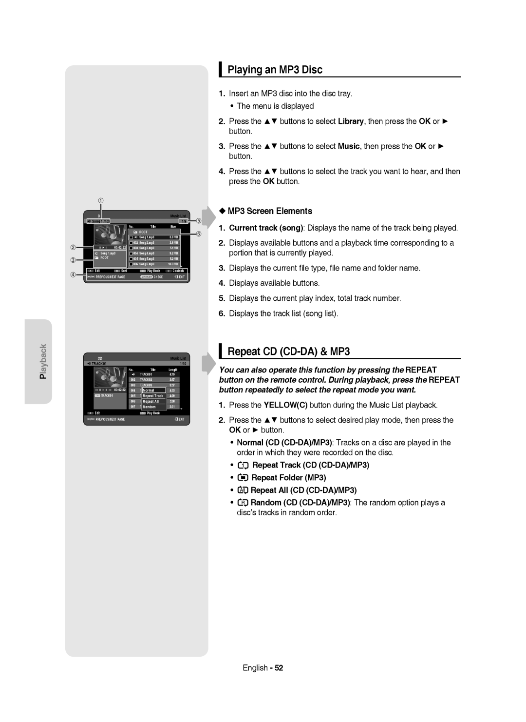 Samsung DVD-HR753/EUR, DVD-HR755/AUS, DVD-HR755/XEB Playing an MP3 Disc, Repeat CD CD-DA & MP3, MP3 Screen Elements, Normal 