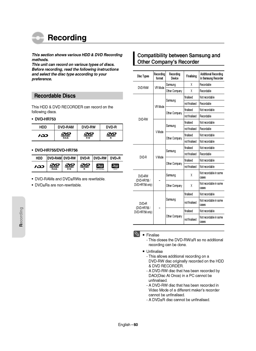 Samsung DVD-HR755/AUS, DVD-HR755/XEB manual Recordable Discs, Compatibility between Samsung and Other Company’s Recorder 