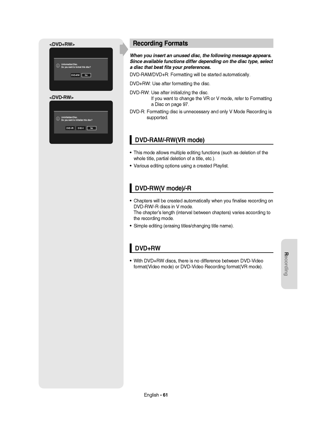 Samsung DVD-HR755/XEB, DVD-HR755/AUS, DVD-HR755/XEC, DVD-HR753/XEC Recording Formats, DVD-RAM/-RWVR mode, DVD-RWV mode/-R 