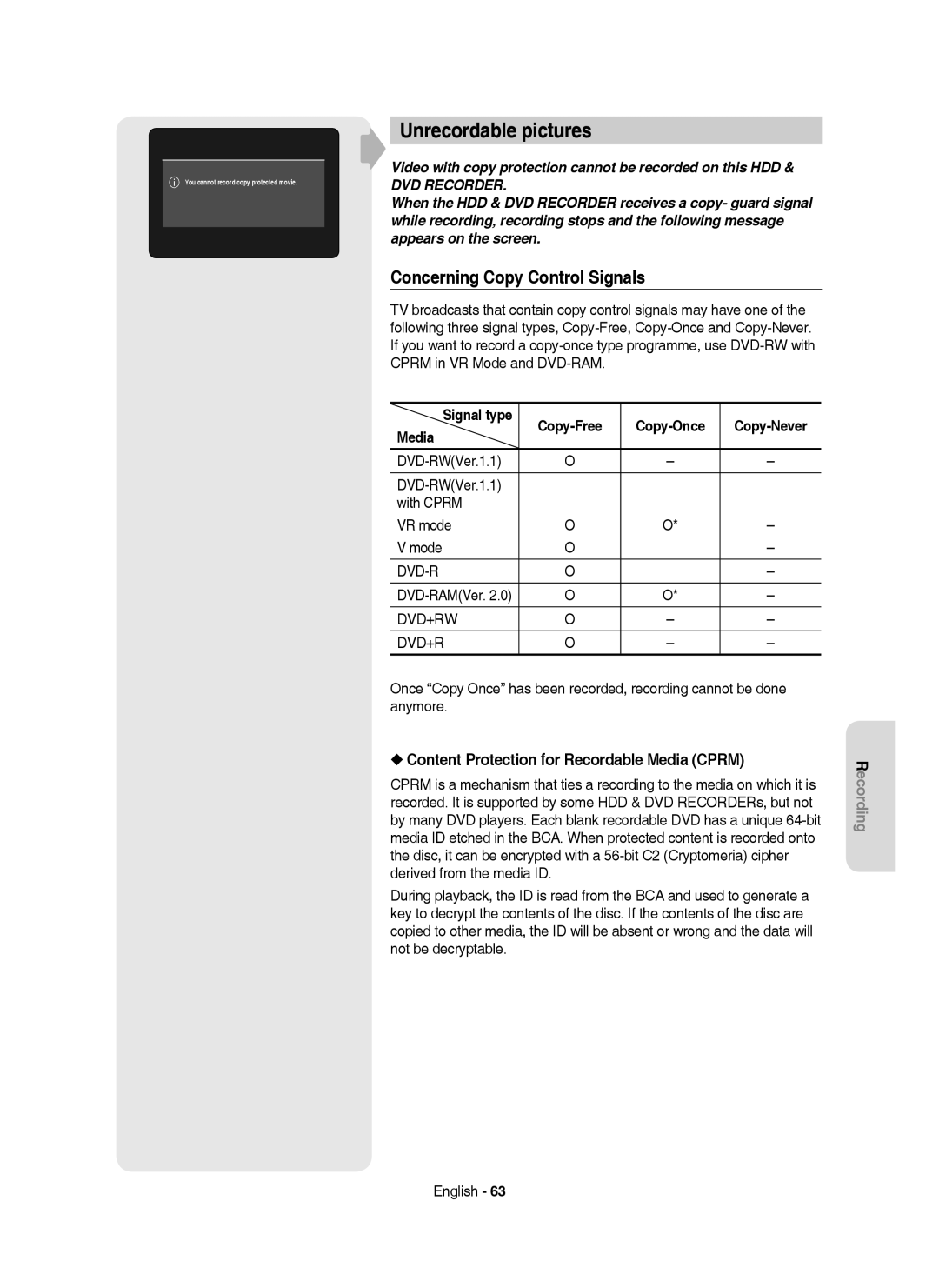 Samsung DVD-HR753/XEC Unrecordable pictures, Concerning Copy Control Signals, Content Protection for Recordable Media Cprm 