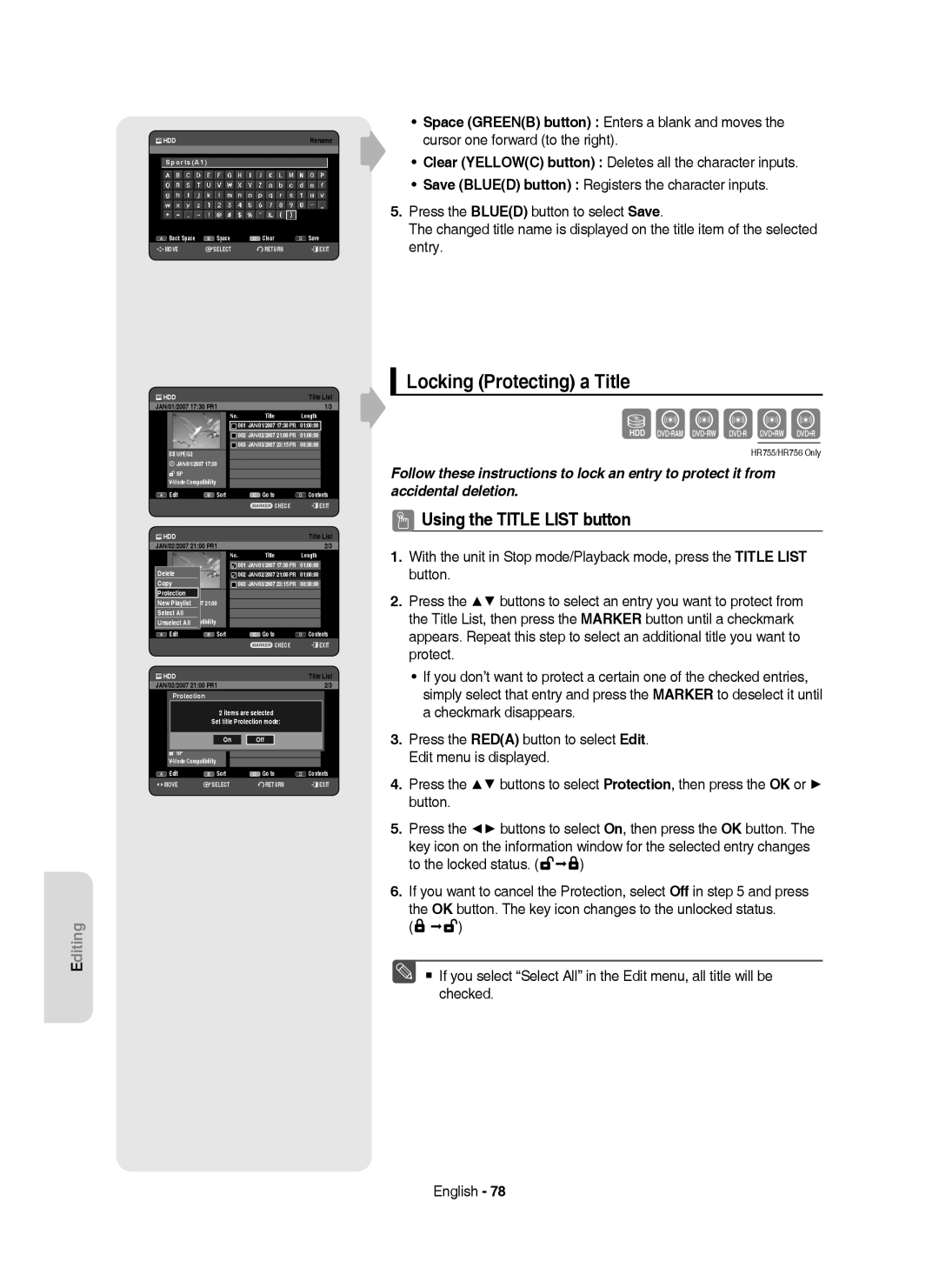 Samsung DVD-HR755/AUS, DVD-HR755/XEB manual Locking Protecting a Title, To the locked status, SportsA1, Select1 AllSP 