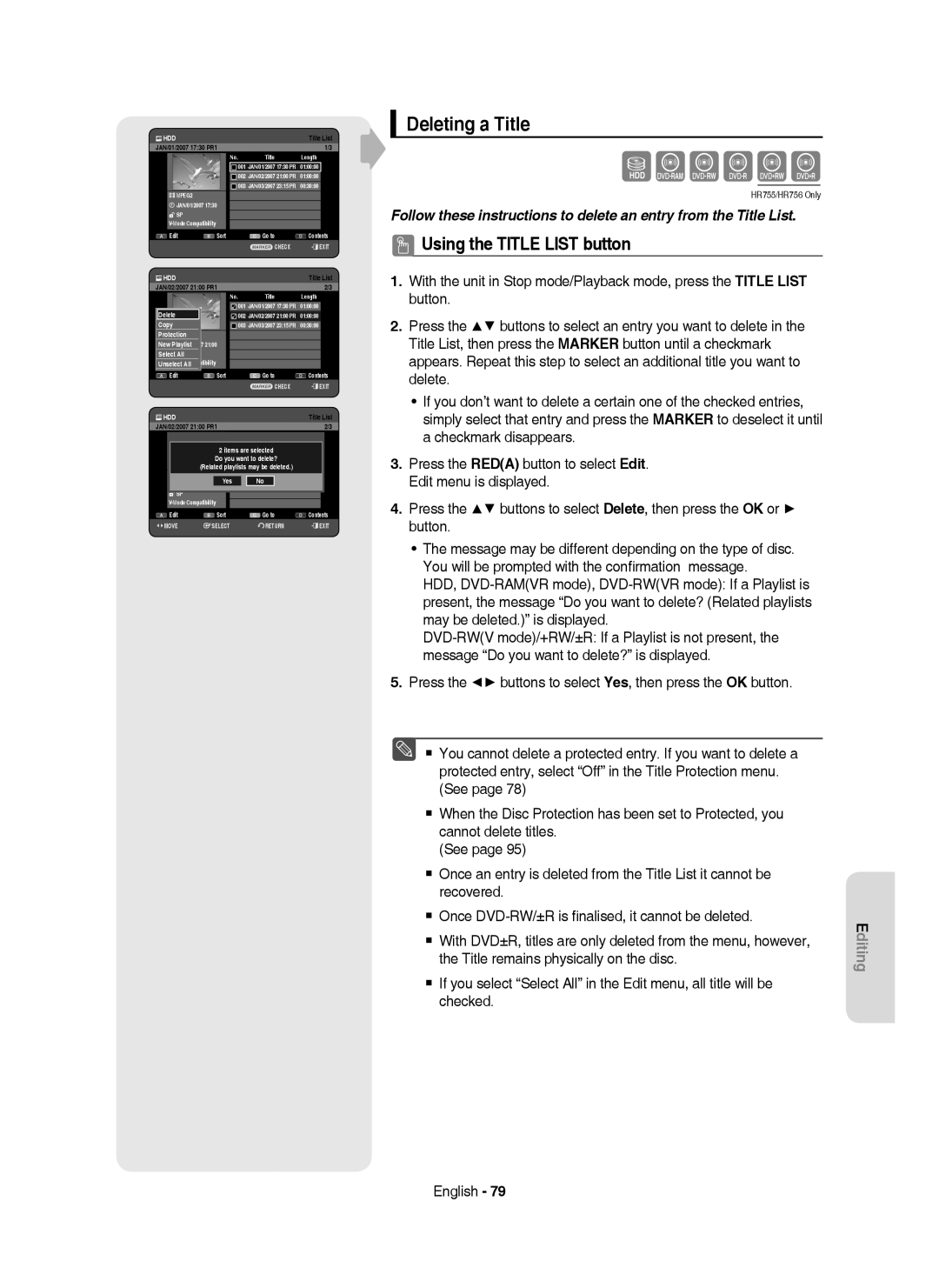 Samsung DVD-HR755/XEB, DVD-HR755/AUS, DVD-HR755/XEC, DVD-HR753/XEC, DVD-HR753/EUR, DVD-HR755/EUR manual Deleting a Title 