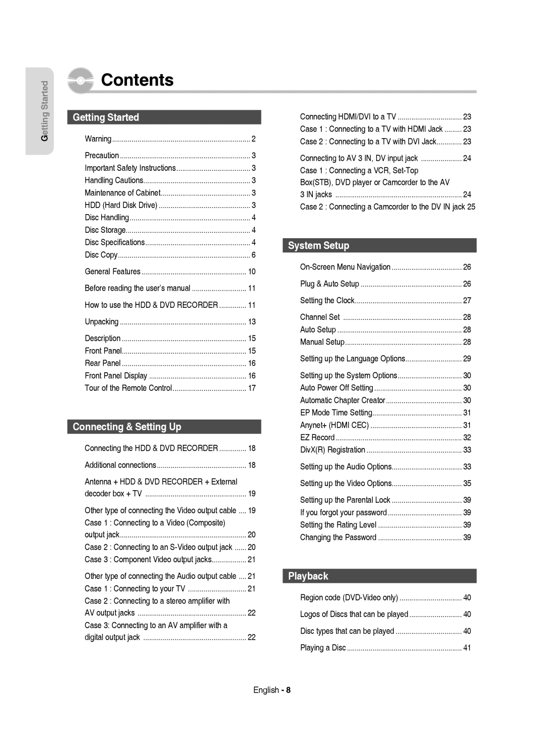 Samsung DVD-HR755/XEC, DVD-HR755/AUS, DVD-HR755/XEB, DVD-HR753/XEC, DVD-HR753/EUR, DVD-HR755/EUR manual Contents 