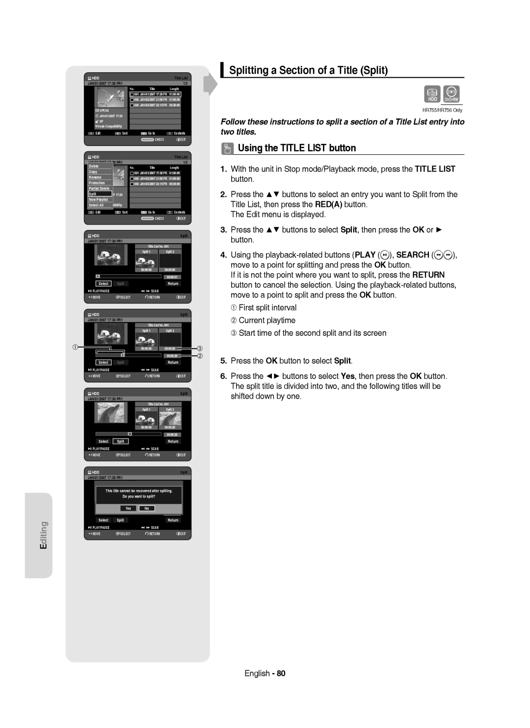 Samsung DVD-HR755/XEC, DVD-HR755/AUS, DVD-HR755/XEB, DVD-HR753/XEC, DVD-HR753/EUR manual Splitting a Section of a Title Split 