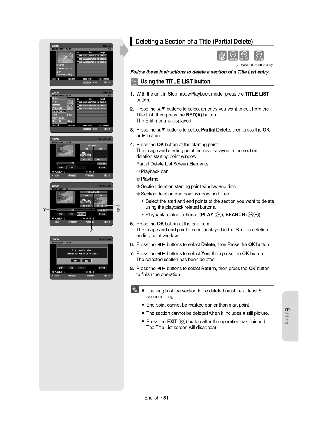 Samsung DVD-HR753/XEC, DVD-HR755/AUS, DVD-HR755/XEB, DVD-HR755/XEC manual Sxc K, Deleting a Section of a Title Partial Delete 