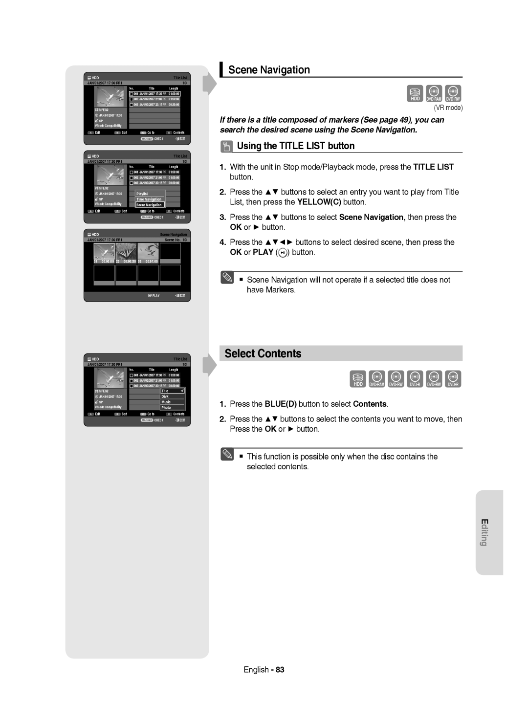 Samsung DVD-HR755/EUR, DVD-HR755/AUS, DVD-HR755/XEB, DVD-HR755/XEC Select Contents, Scene Navigation, 01 000005 02 000035 03 