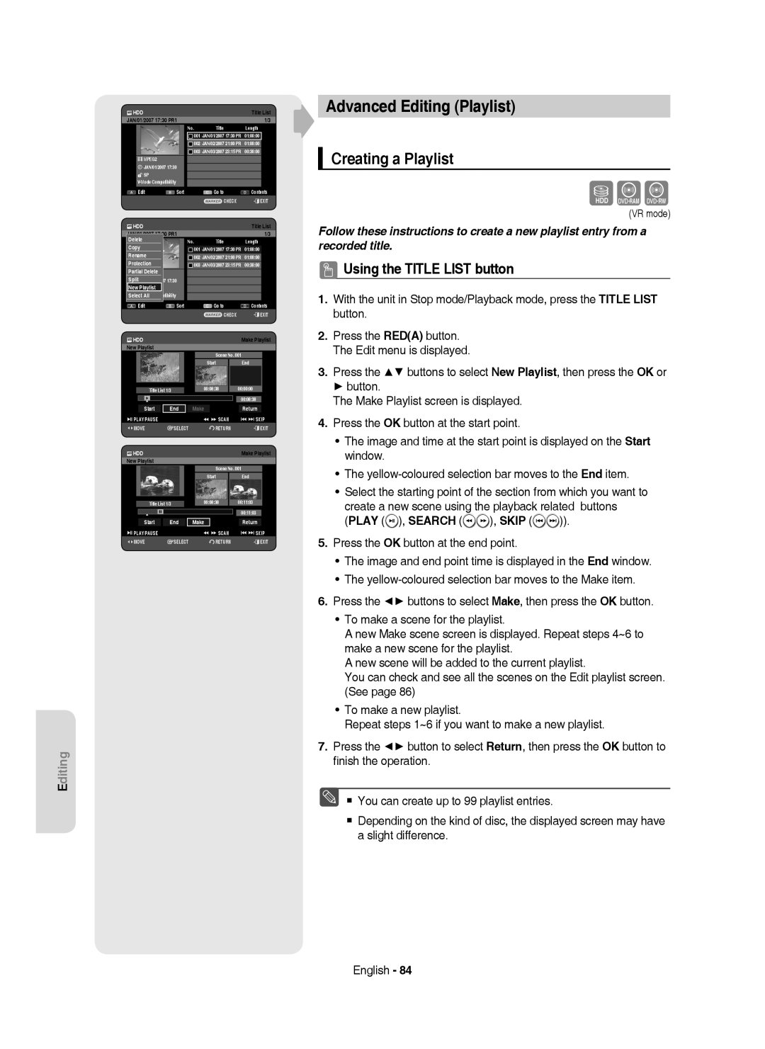 Samsung DVD-HR755/AUS manual Advanced Editing Playlist, Creating a Playlist, Play , Search , Skip, Partial 3 MPEG2Delete 