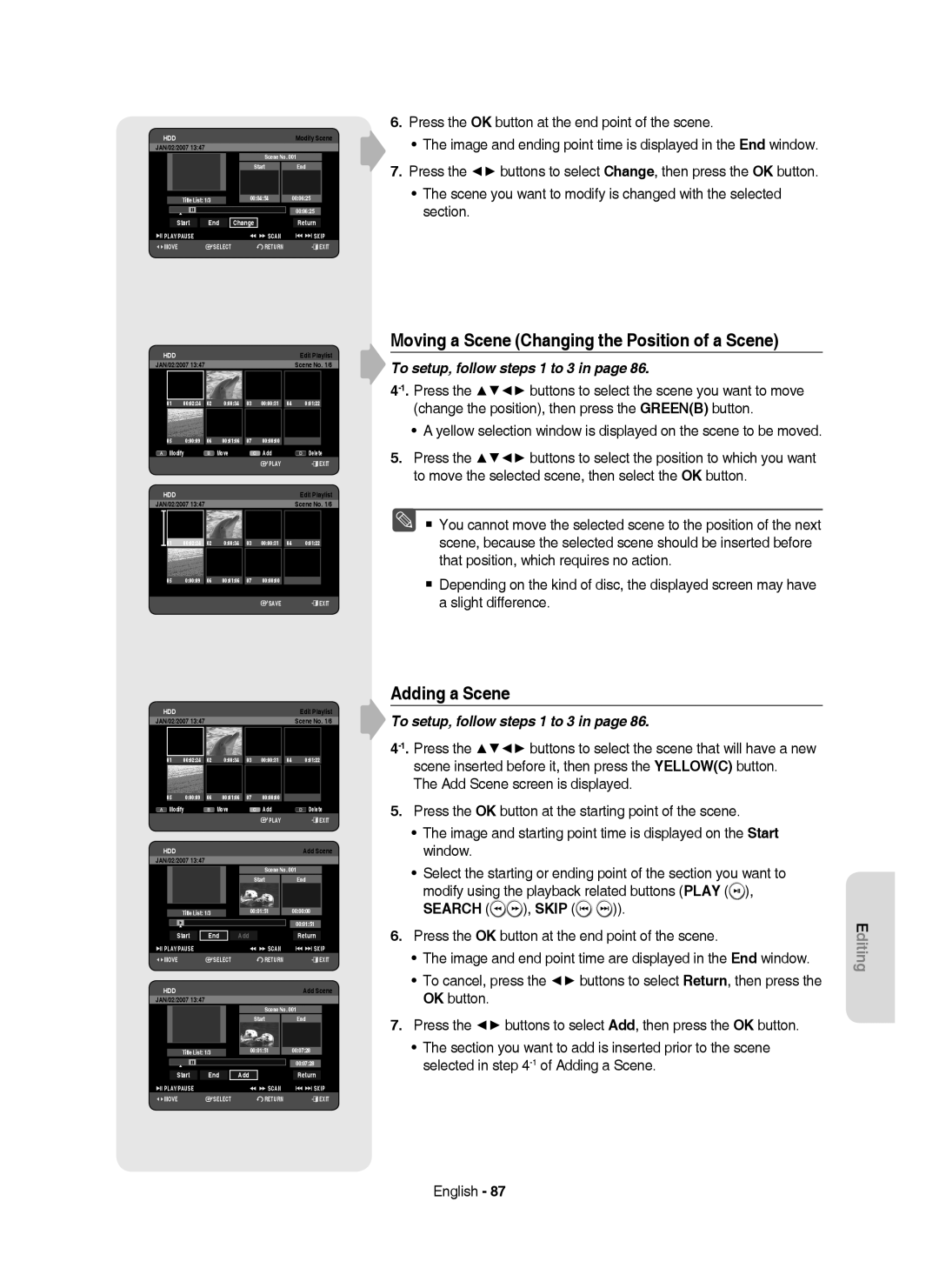 Samsung DVD-HR753/XEC, DVD-HR755/AUS, DVD-HR755/XEB manual Moving a Scene Changing the Position of a Scene, Adding a Scene 