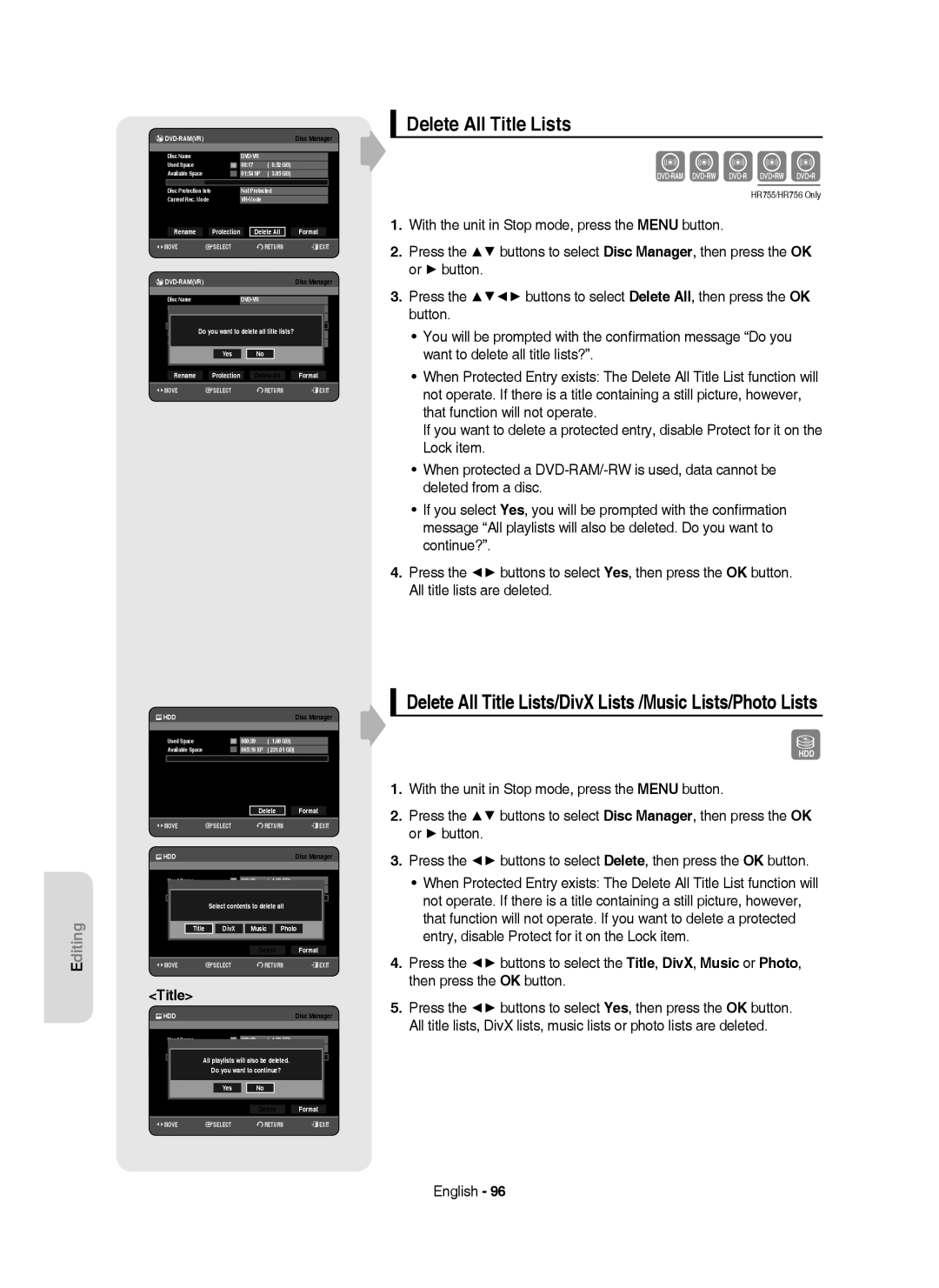 Samsung DVD-HR755/AUS, DVD-HR755/XEB manual Delete All Title Lists/DivX Lists /Music Lists/Photo Lists, Yes Rename 