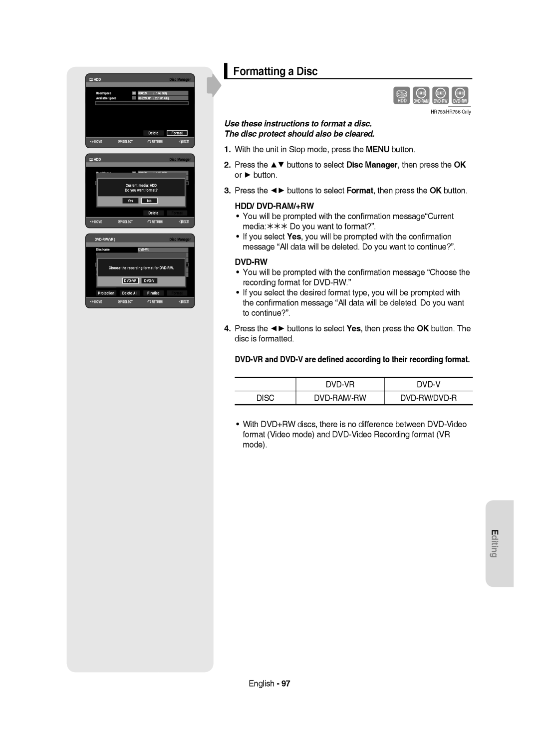 Samsung DVD-HR755/XEB, DVD-HR755/AUS manual Sxck, Formatting a Disc, Current media HDD Do you want format?, Delete Format 