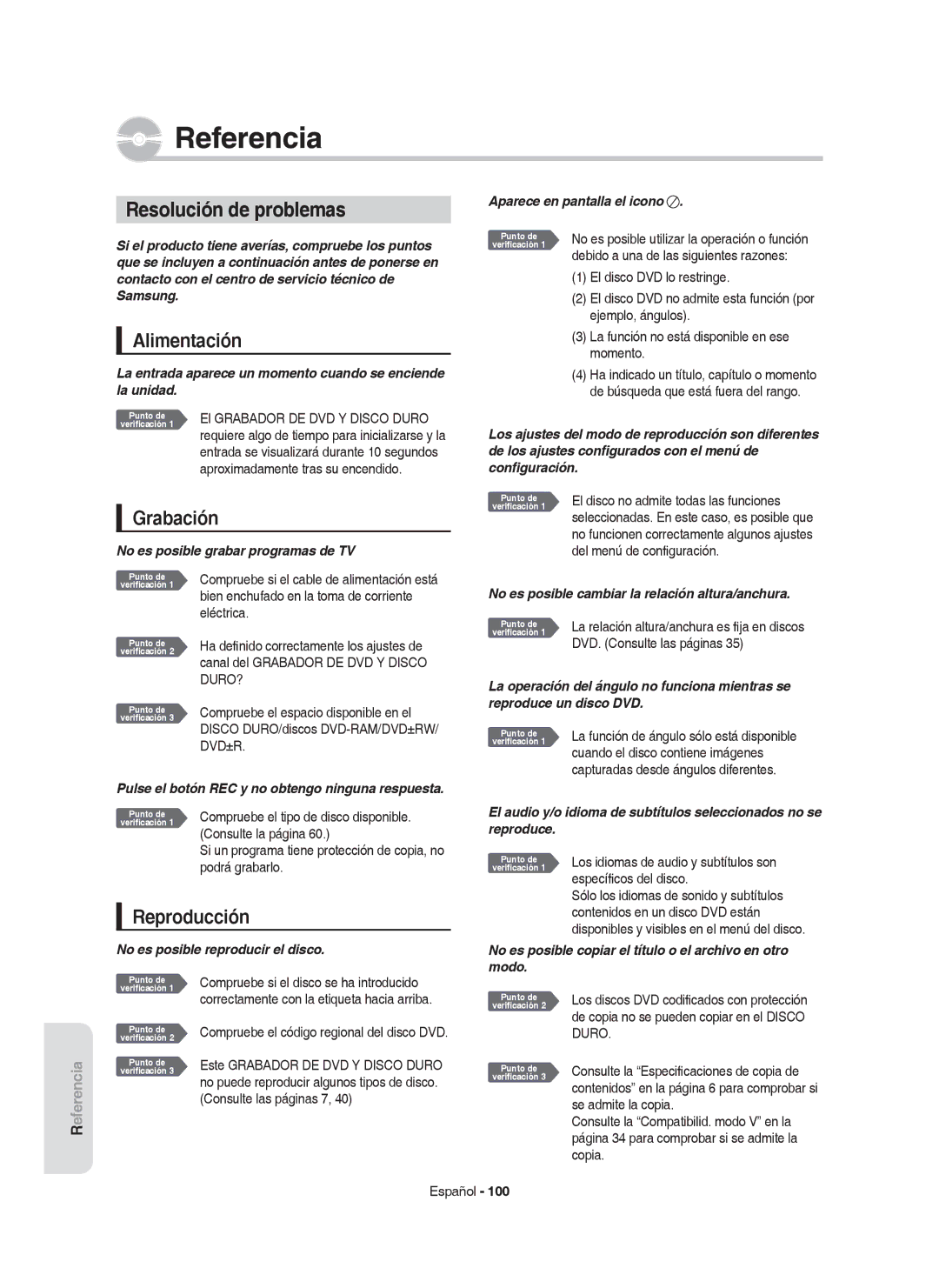 Samsung DVD-HR755/XEB, DVD-HR755/XEC, DVD-HR753/XEC manual Resolución de problemas, Alimentación, Grabación, Reproducción 