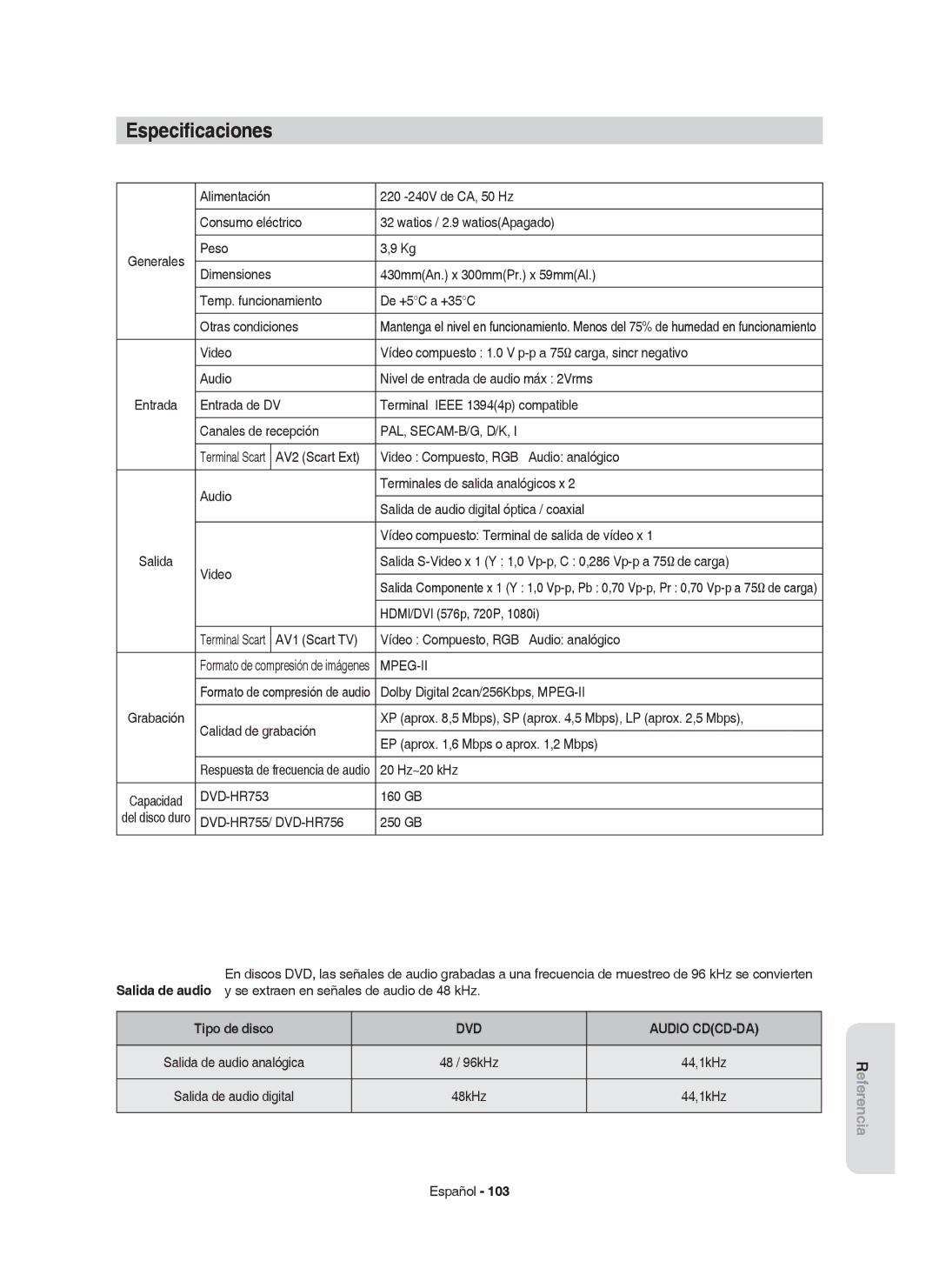 Samsung DVD-HR753/EUR, DVD-HR755/XEB, DVD-HR755/XEC, DVD-HR753/XEC, DVD-HR755/EUR manual Especiﬁcaciones, Tipo de disco 