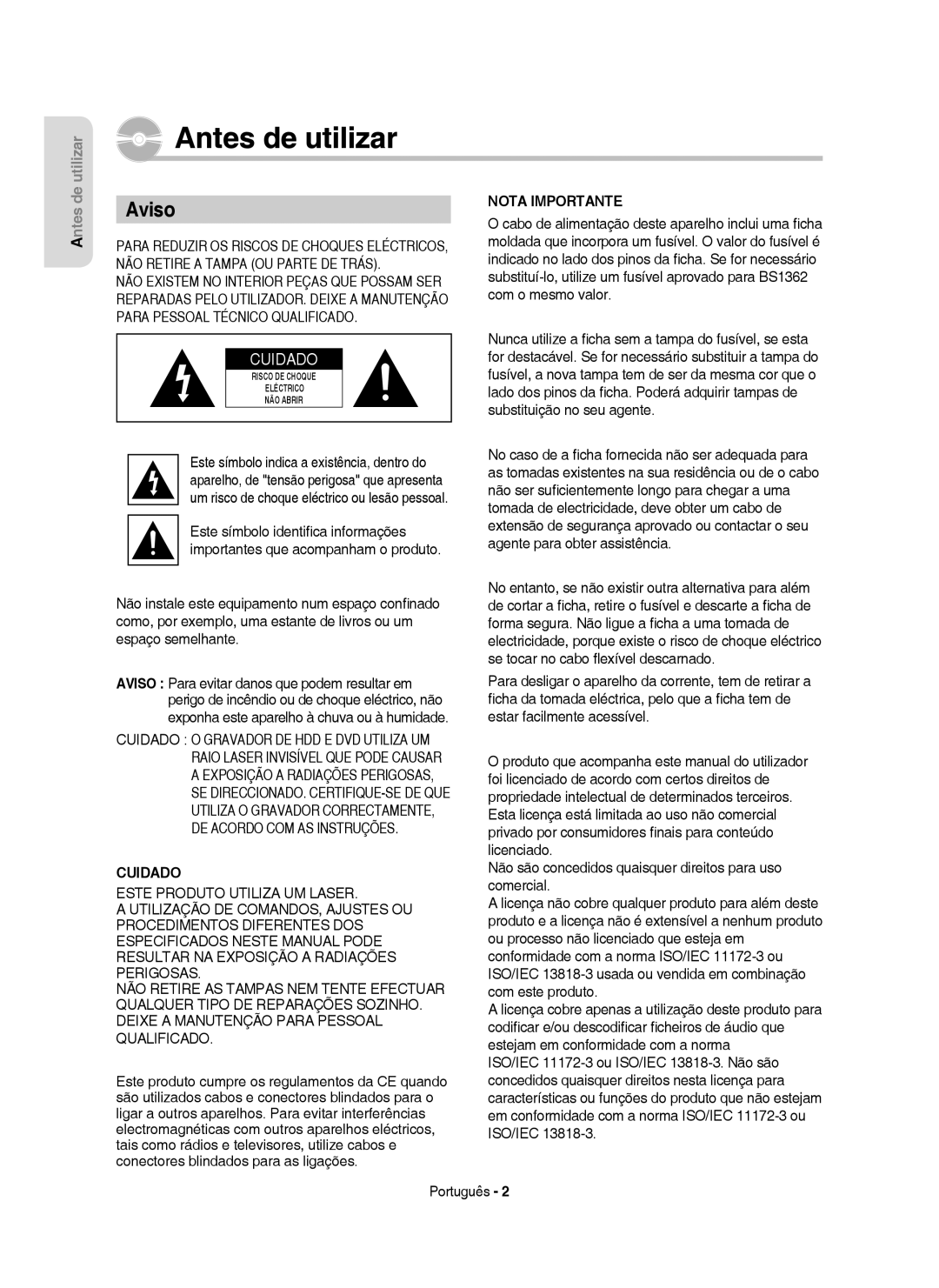 Samsung DVD-HR755/EUR, DVD-HR755/XEB, DVD-HR755/XEC, DVD-HR753/XEC manual Aviso, Exponha este aparelho à chuva ou à humidade 