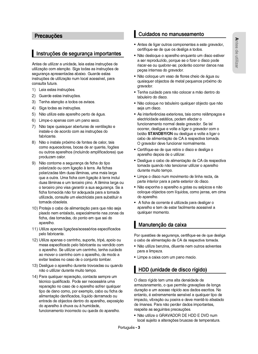 Samsung DVD-HR755/XEB manual Precauções, Instruções de segurança importantes, Cuidados no manuseamento, Manutenção da caixa 