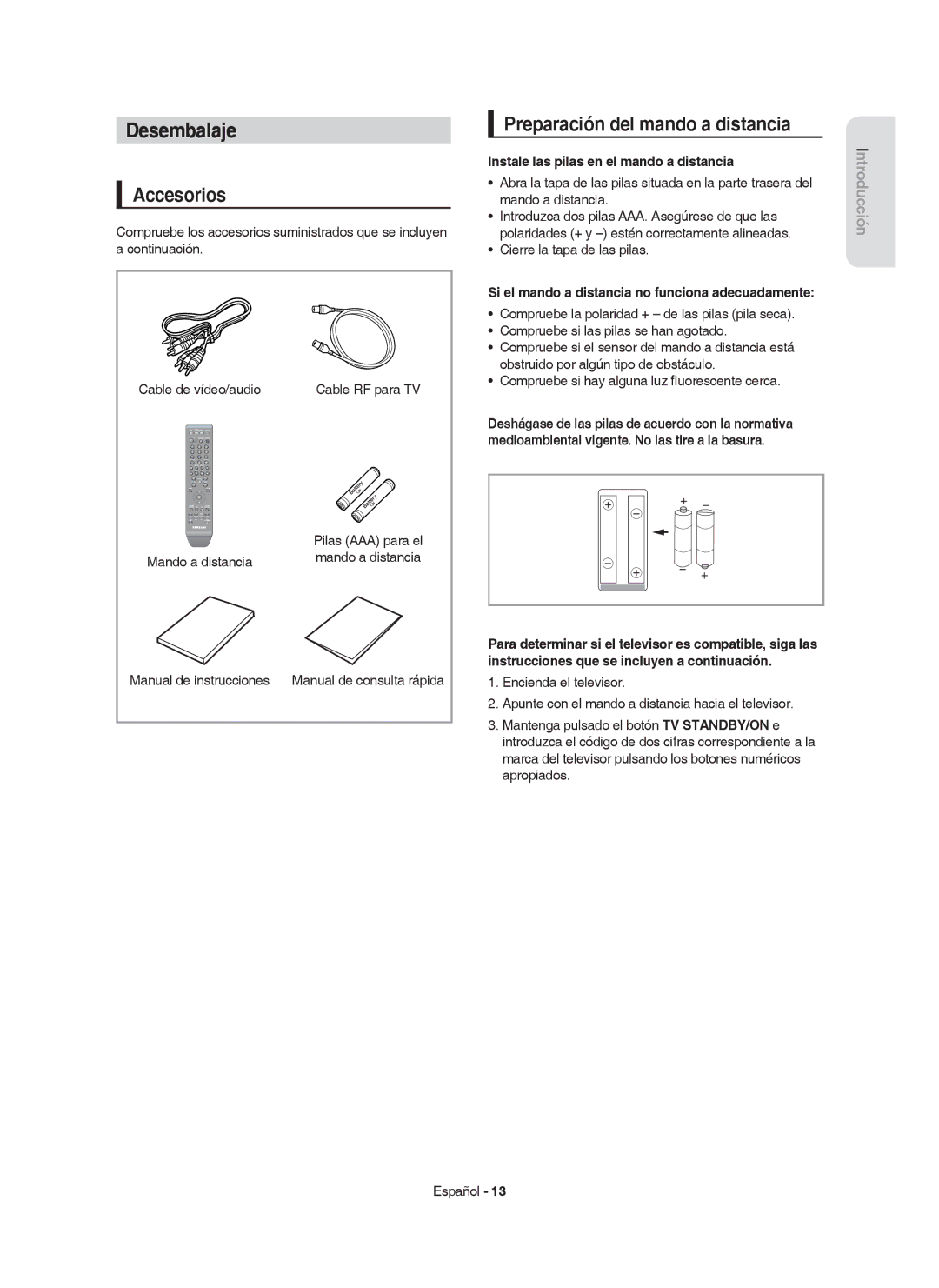 Samsung DVD-HR753/EUR, DVD-HR755/XEB, DVD-HR755/XEC manual Desembalaje, Accesorios, Preparación del mando a distancia 