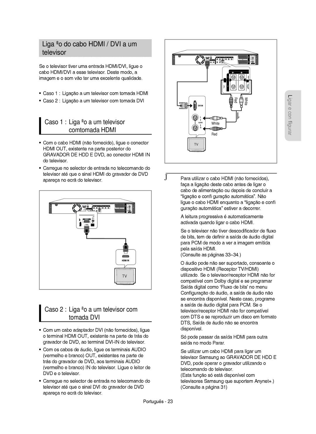 Samsung DVD-HR755/XEB manual Ligação do cabo Hdmi / DVI a um Televisor, Caso 2 Ligação a um televisor com tomada DVI 