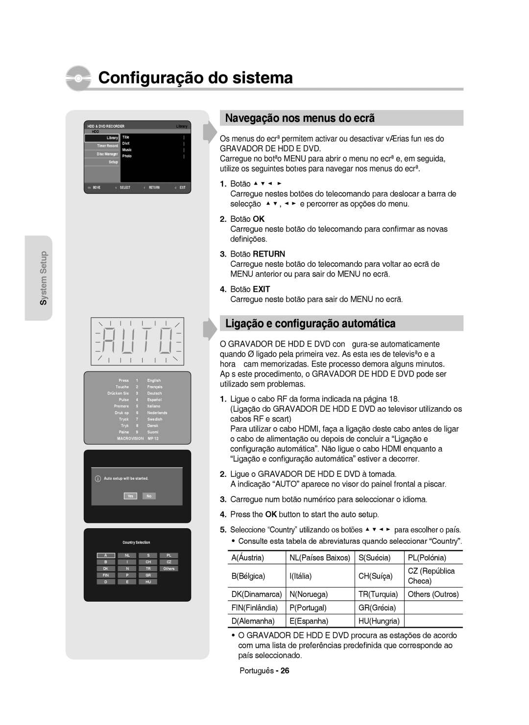 Samsung DVD-HR753/EUR manual Navegação nos menus do ecrã, Ligação e conﬁguração automática, Botão, NNoruega TRTurquia 