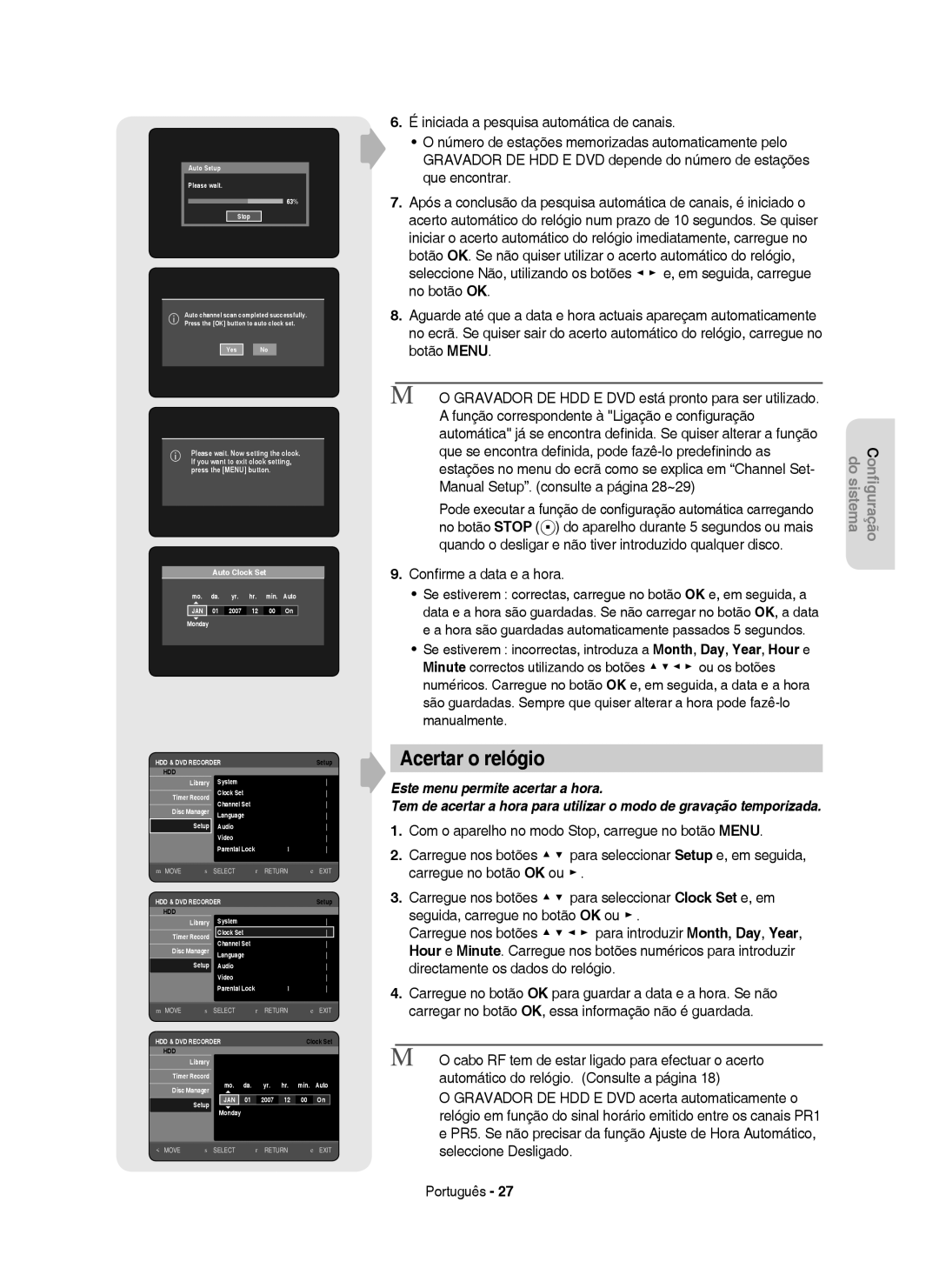 Samsung DVD-HR755/EUR, DVD-HR755/XEB, DVD-HR755/XEC, DVD-HR753/XEC, DVD-HR753/EUR Acertar o relógio, Conﬁrme a data e a hora 