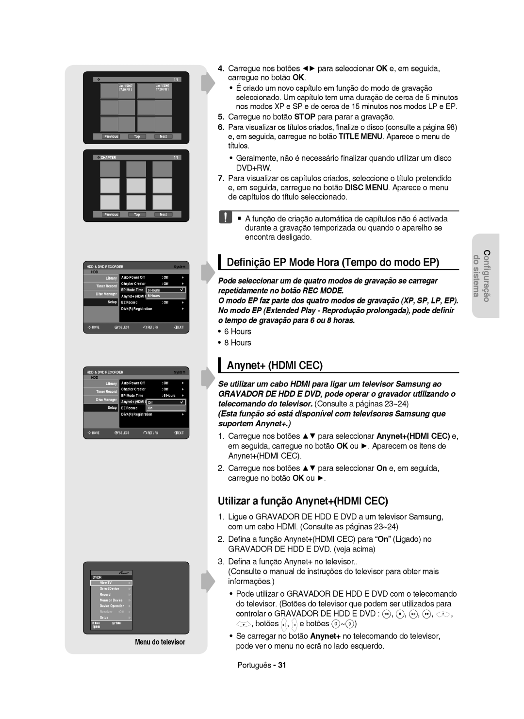 Samsung DVD-HR753/EUR Deﬁnição EP Mode Hora Tempo do modo EP, Anynet+ Hdmi CEC, Utilizar a função Anynet+HDMI CEC, Hours 