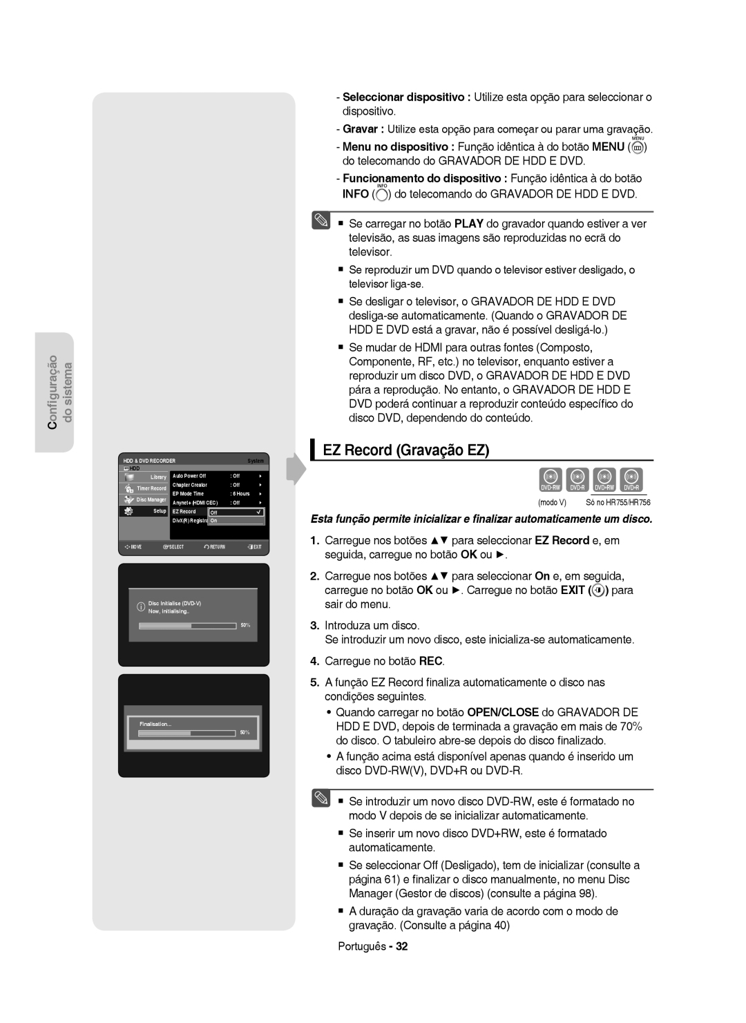 Samsung DVD-HR755/EUR EZ Record Gravação EZ, Anynet+ Hdmi CEC Off Setup EZ Record, Disc Initialise DVD-V Now, initialising 