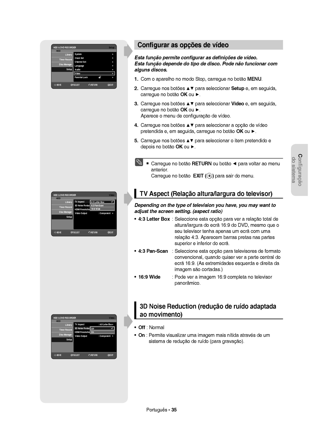 Samsung DVD-HR753/XEC, DVD-HR755/XEB manual Conﬁgurar as opções de vídeo, TV Aspect Relação altura/largura do televisor 