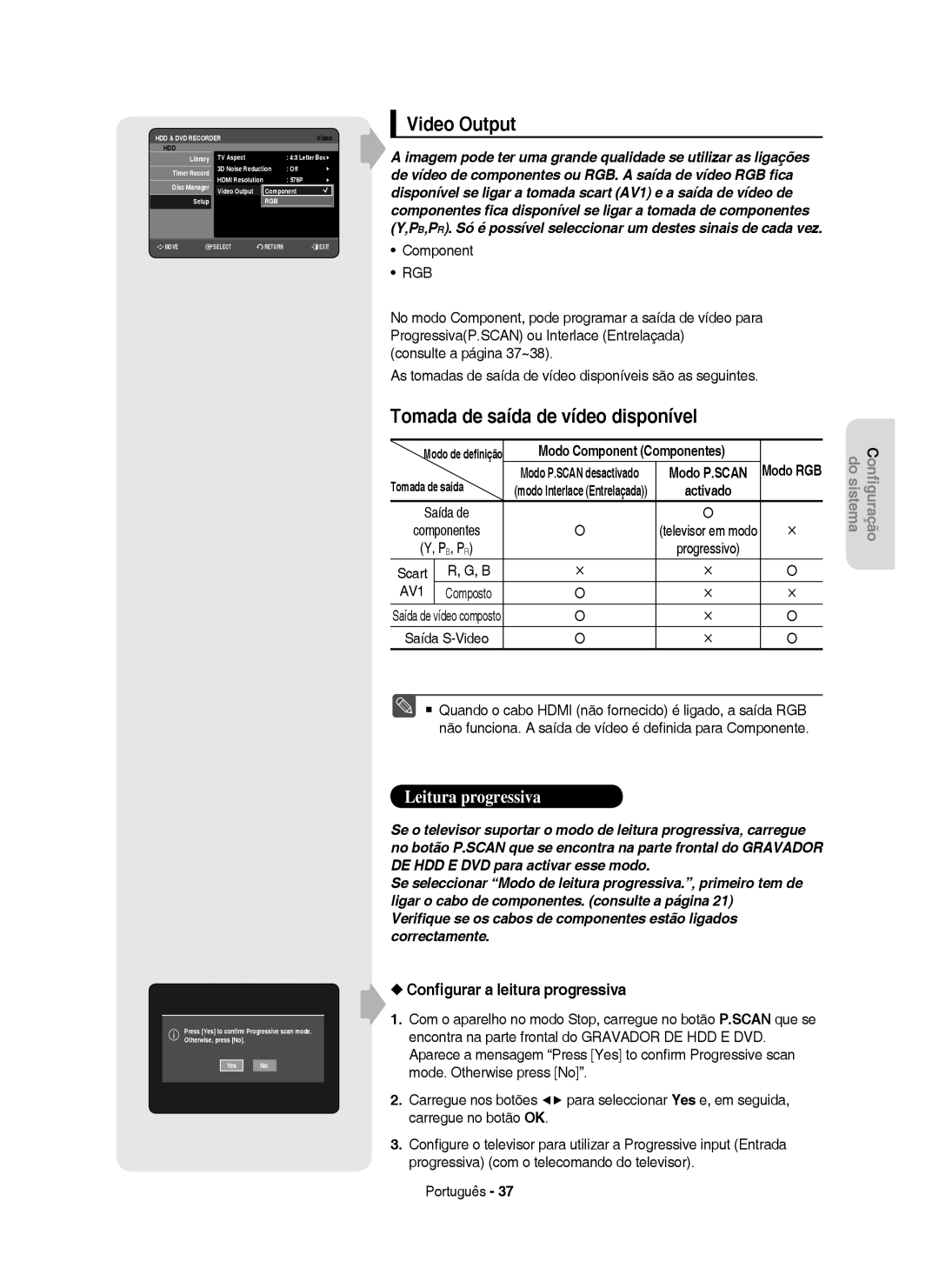 Samsung DVD-HR755/EUR manual Video Output, Tomada de saída de vídeo disponível, Conﬁgurar a leitura progressiva, Component 