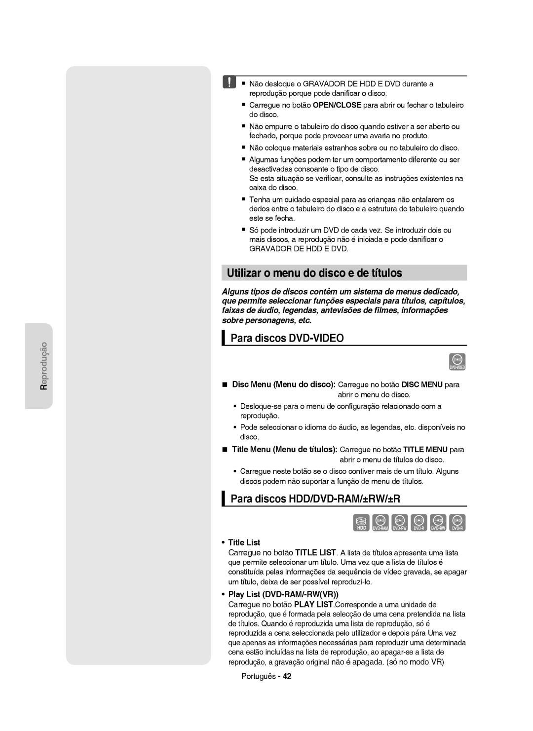 Samsung DVD-HR755/EUR manual Utilizar o menu do disco e de títulos, Para discos DVD-VIDEO, Para discos HDD/DVD-RAM/±RW/±R 