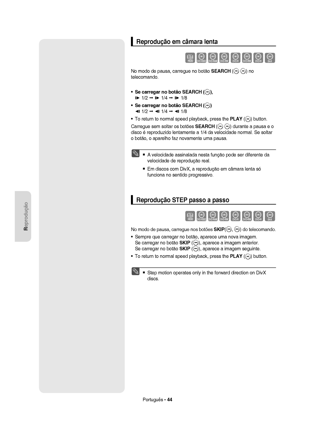 Samsung DVD-HR755/XEC manual Reprodução em câmara lenta, Reprodução Step passo a passo, Se carregar no botão Search 