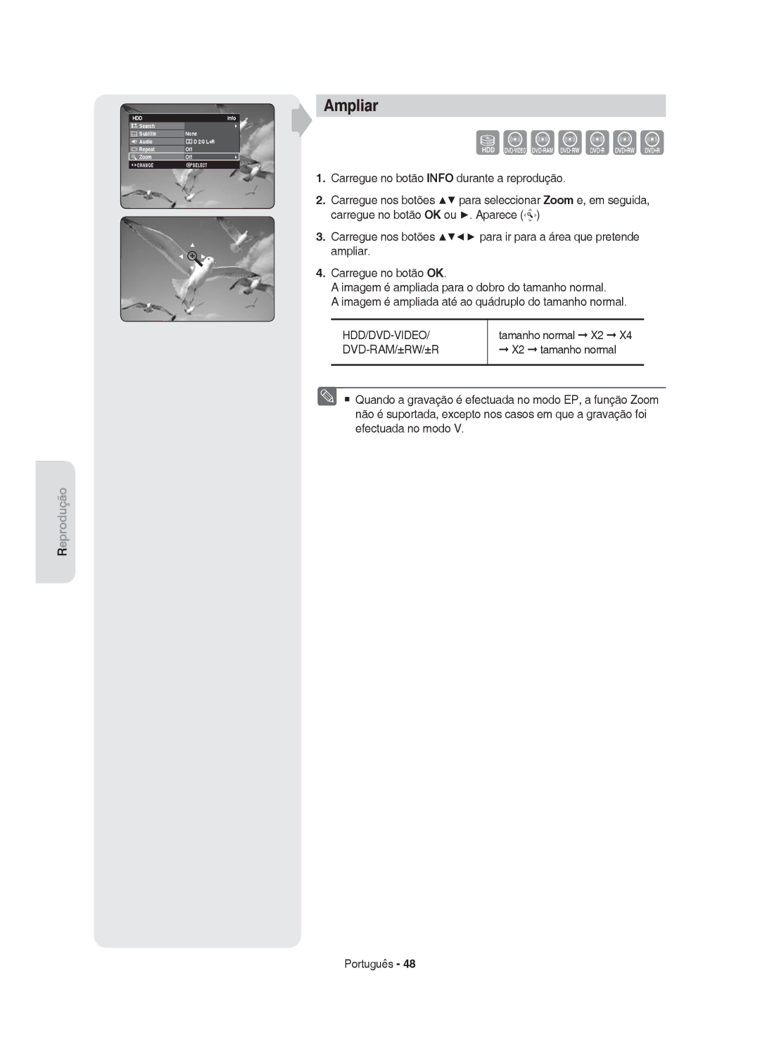 Samsung DVD-HR755/XEB, DVD-HR755/XEC, DVD-HR753/XEC, DVD-HR753/EUR, DVD-HR755/EUR manual Ampliar, X2 tamanho normal 