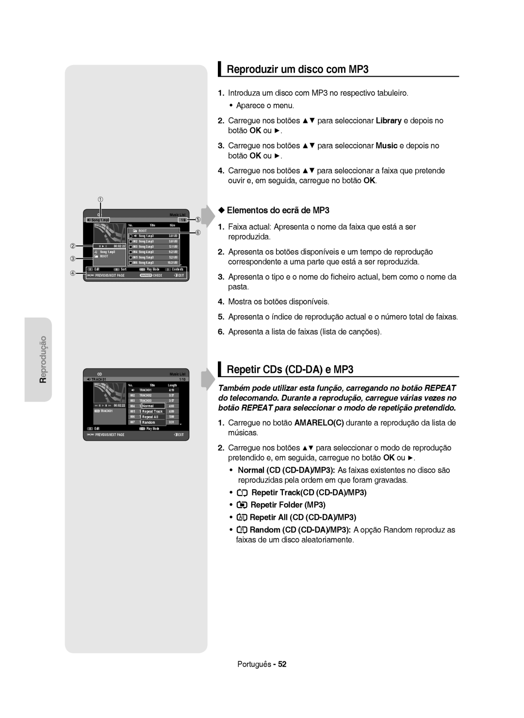 Samsung DVD-HR755/EUR, DVD-HR755/XEB manual Reproduzir um disco com MP3, Repetir CDs CD-DA e MP3, Elementos do ecrã de MP3 