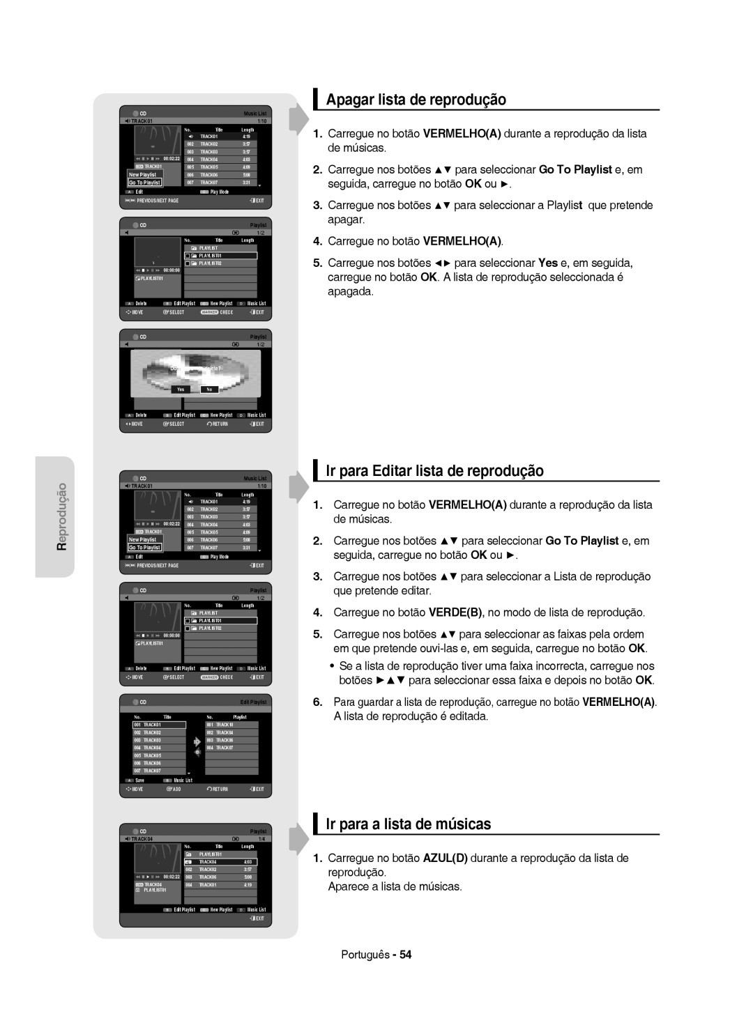 Samsung DVD-HR755/XEC manual Apagar lista de reprodução, Ir para Editar lista de reprodução, Ir para a lista de músicas 