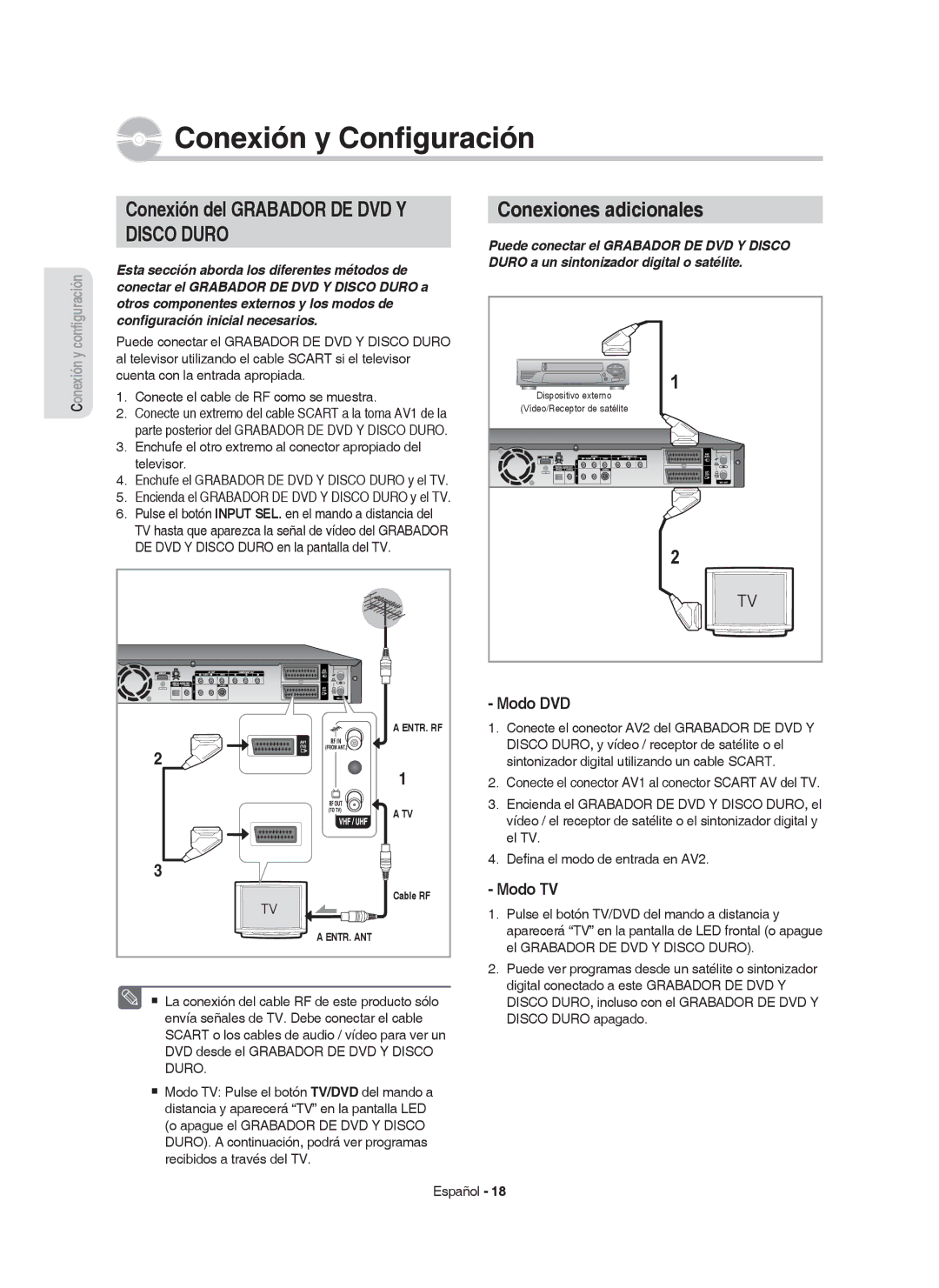 Samsung DVD-HR753/EUR, DVD-HR755/XEB manual Conexión del Grabador DE DVD Y, Conexiones adicionales, Modo DVD, Modo TV 