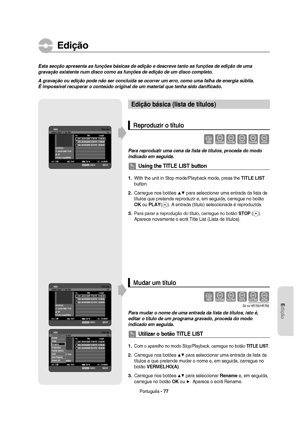 Samsung DVD-HR755/EUR Edição básica lista de títulos, Reproduzir o título, Mudar um título, Using the Title List button 