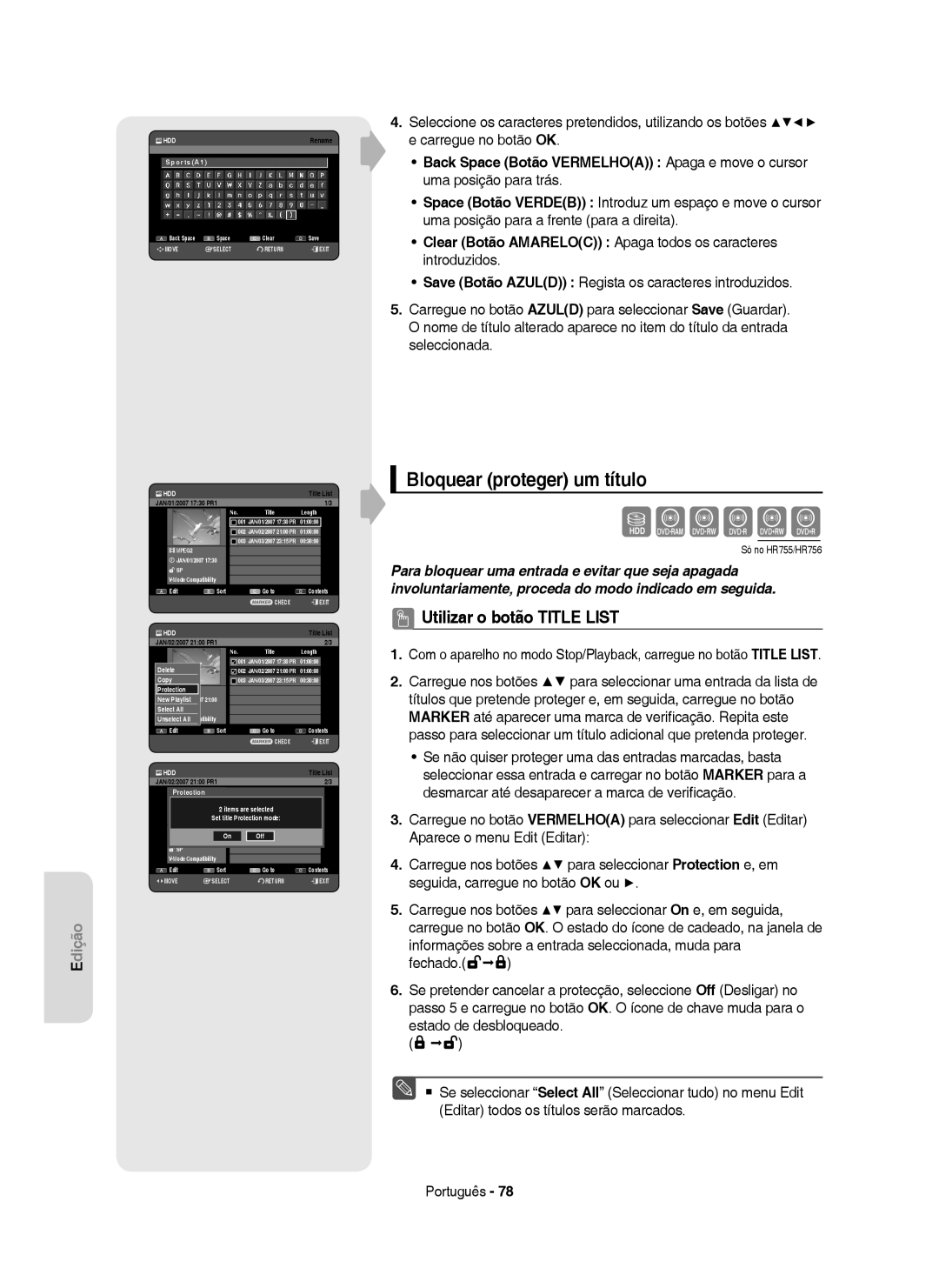 Samsung DVD-HR755/XEB manual Bloquear proteger um título, Clear Botão Amareloc Apaga todos os caracteres introduzidos 