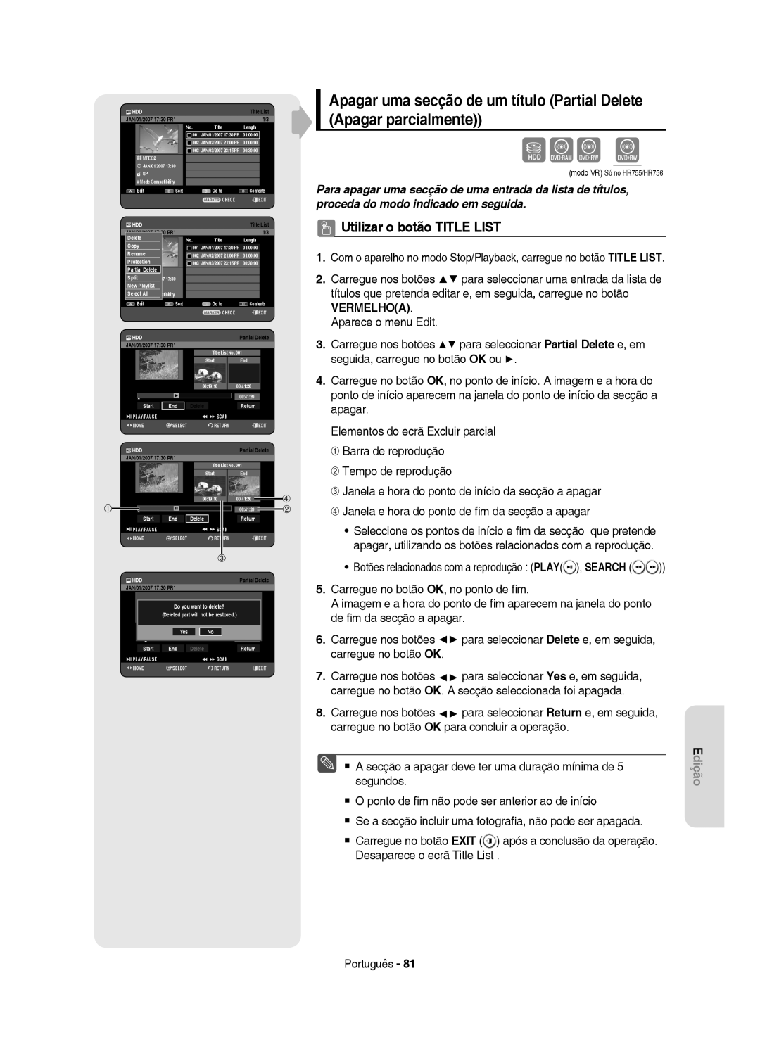 Samsung DVD-HR753/EUR, DVD-HR755/XEB manual Partial Delete, Start End Delete Return, You, Part will not be restored 